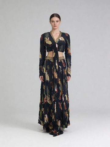 Elegant Black Embellished Chinon Silk Skirt Set