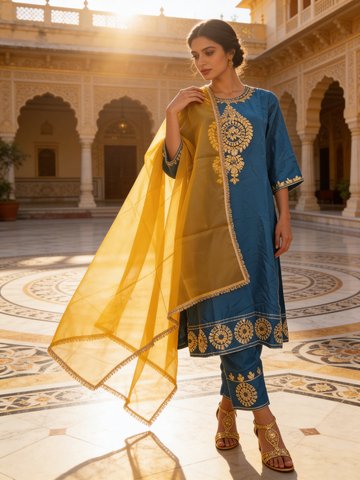 Teal Blue Embellished Crepe Silk Pant Set