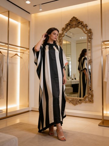 Classic Black Embroidered Satin Silk Kaftan Dress