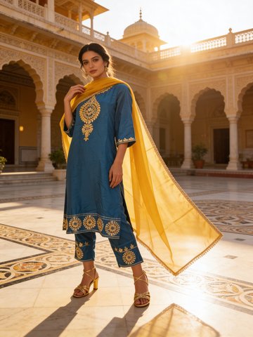 Teal Blue Embellished Crepe Silk Pant Set