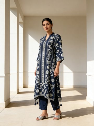 Deep Oxford Blue Printed Premium Silk Kurta Set