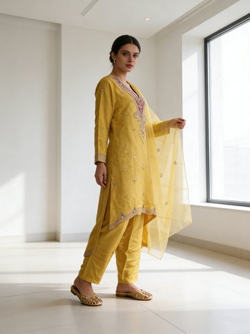 Amber Yellow Embellished Raw Silk Pant Set
