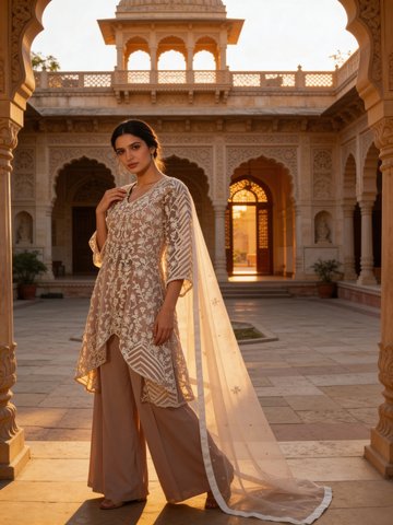 Light Peach Embroidered Georgette Silk Palazzo Set