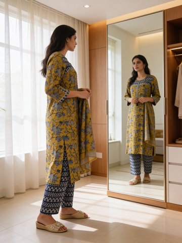Deep Mustard Yellow Printed Muslin Silk Pant Set
