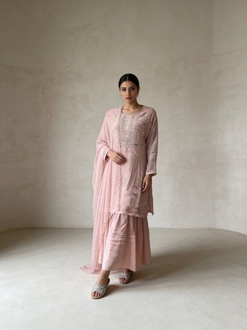 Pastel Pink Embellished Chinon Silk Sharara Set