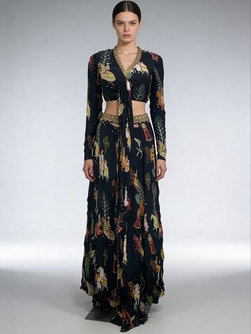 Elegant Black Embellished Chinon Silk Skirt Set