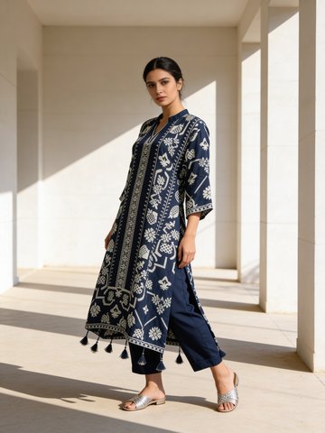 Deep Oxford Blue Printed Premium Silk Kurta Set