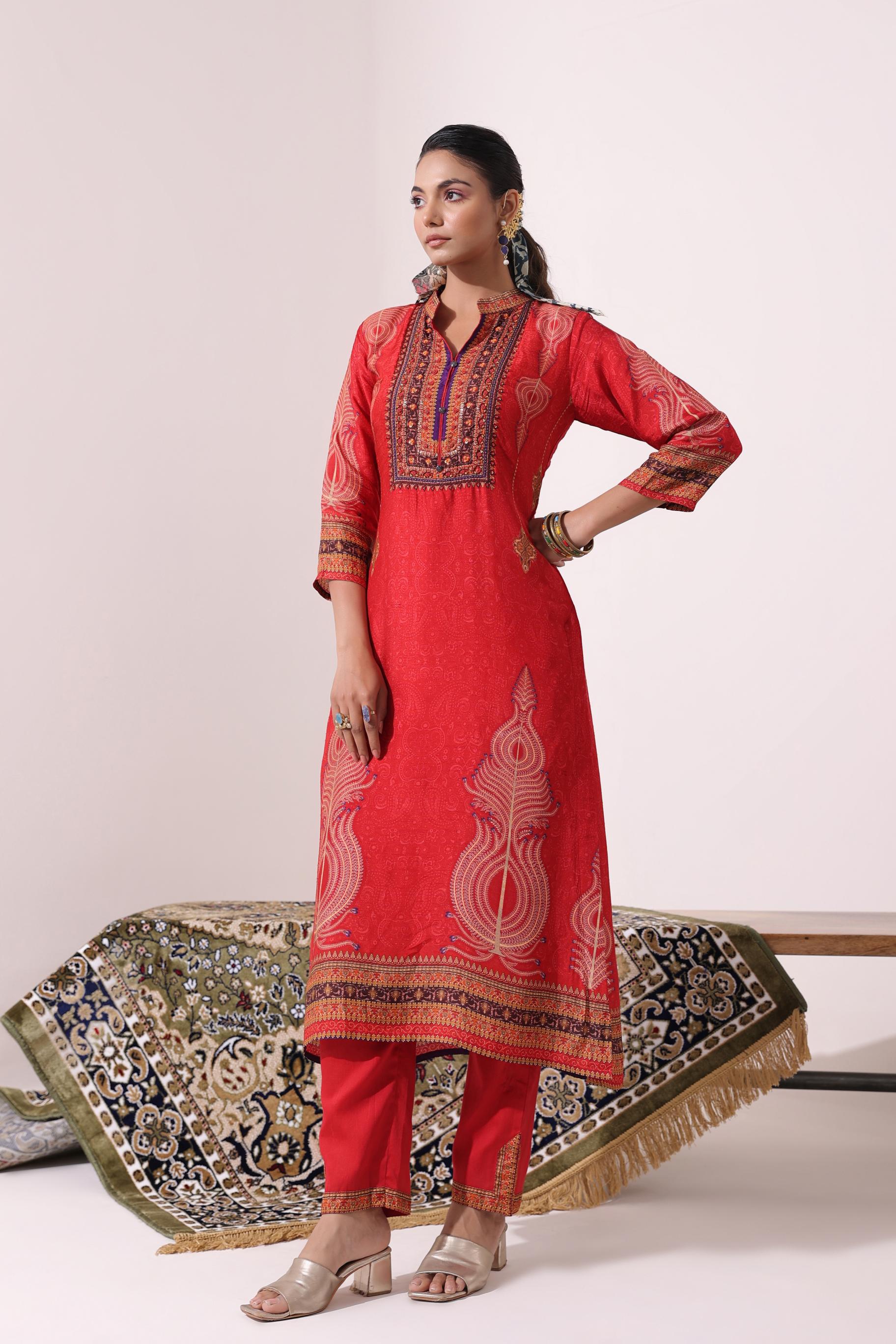 Red Traditional Printed Dola Silk Pant Set