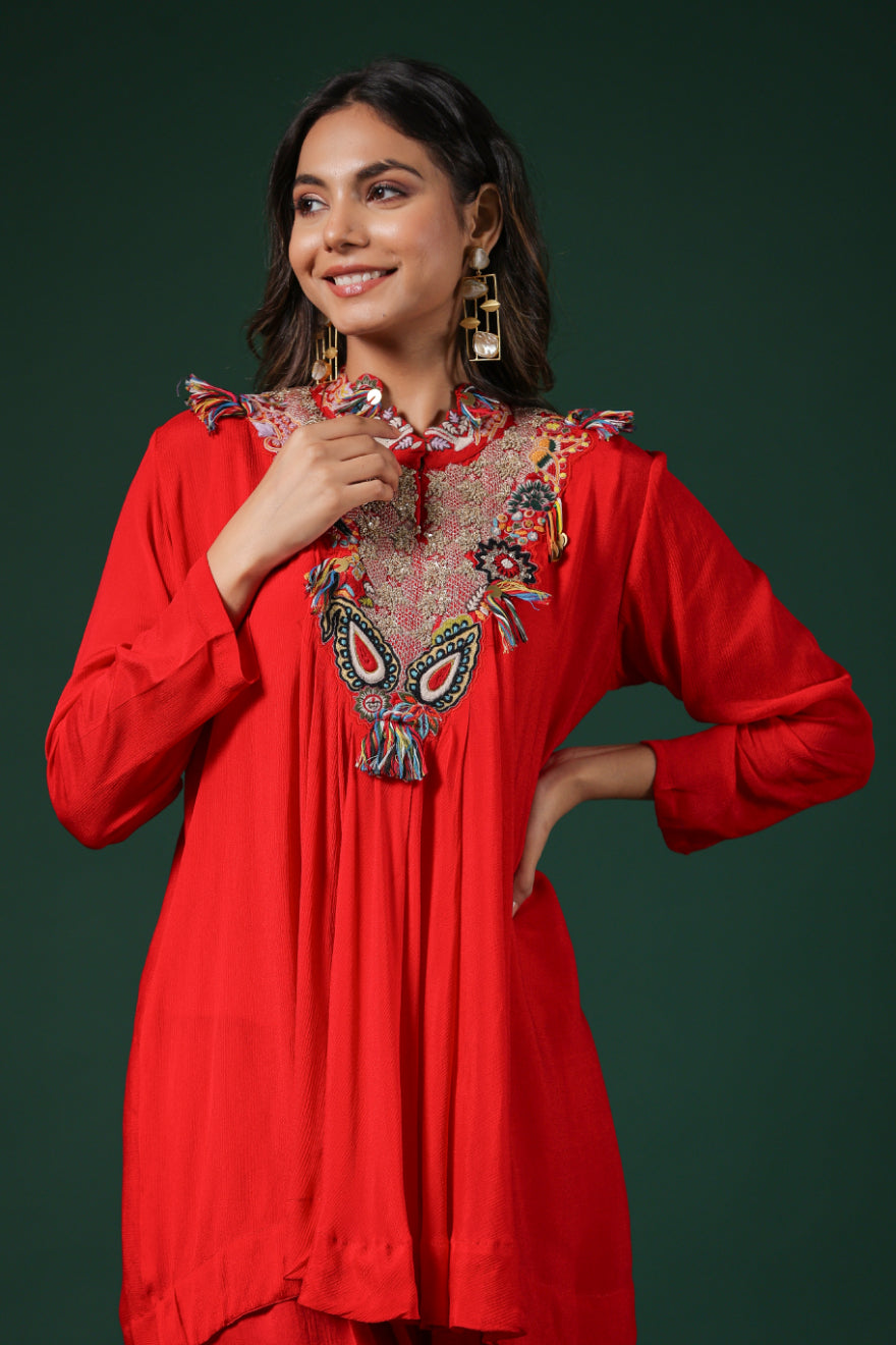 Bright Red Embroidered Premium Silk Co-Ord Set