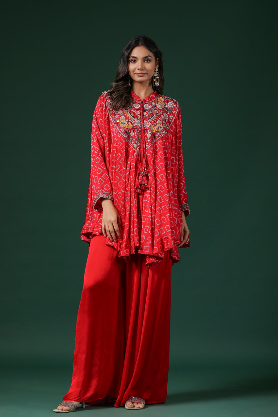 Red Traditional Printed & Embroidered Tunic Palazzo Set