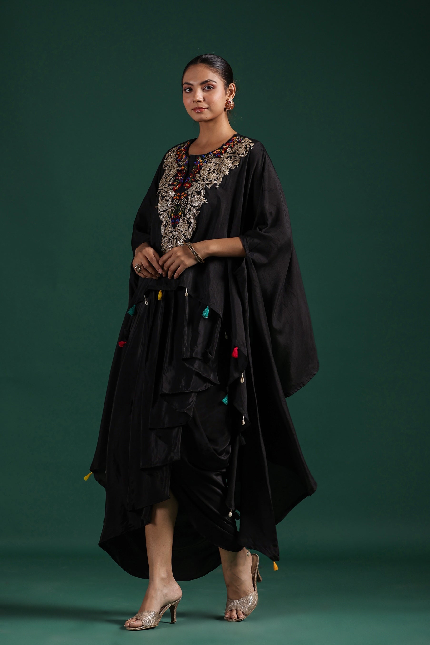 Black Embroidered Raw Silk Skirt Set