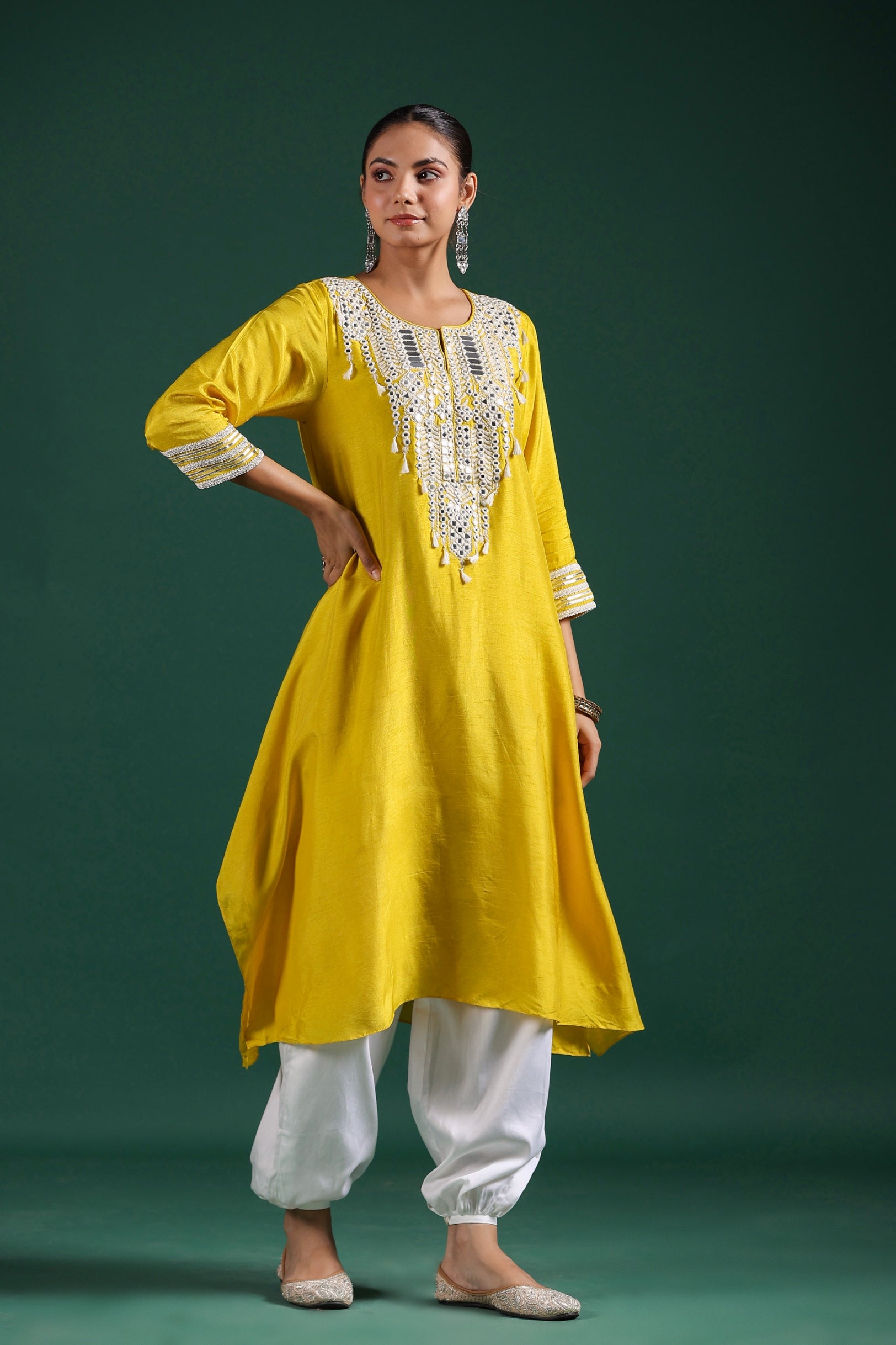 Bright Yellow Embroidered Raw Silk Pants Set