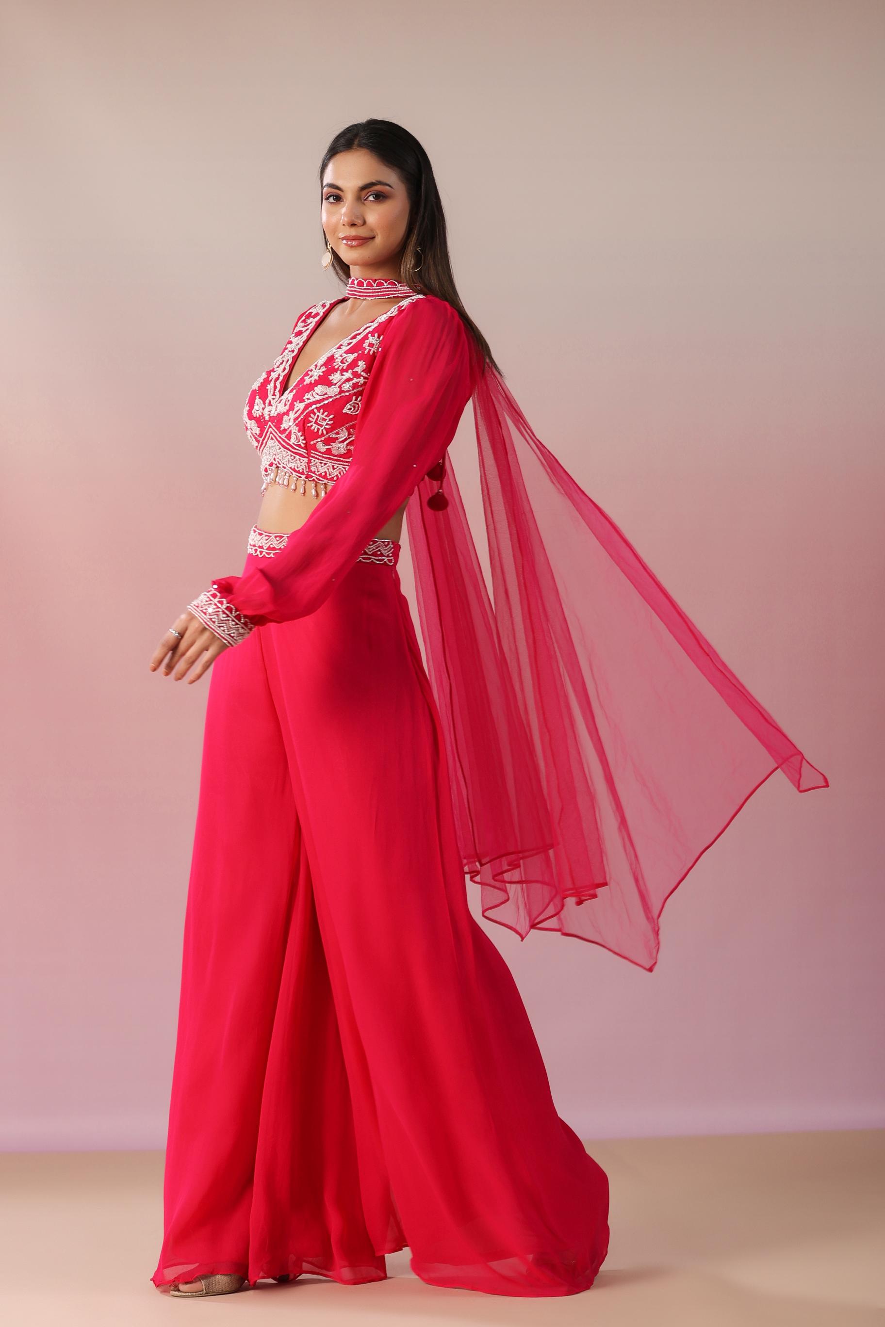Rani Pink Embellished Crystal Georgette Silk Crop Top Palazzo & Dupatta Set