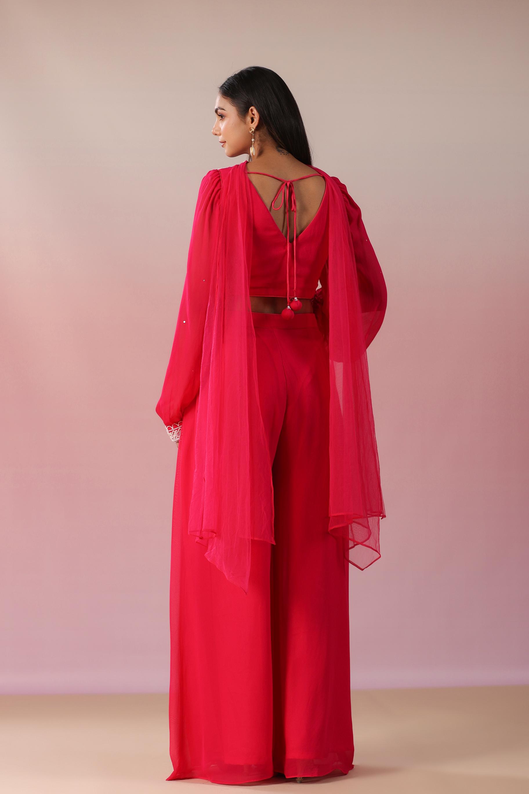 Rani Pink Embellished Crystal Georgette Silk Crop Top Palazzo & Dupatta Set