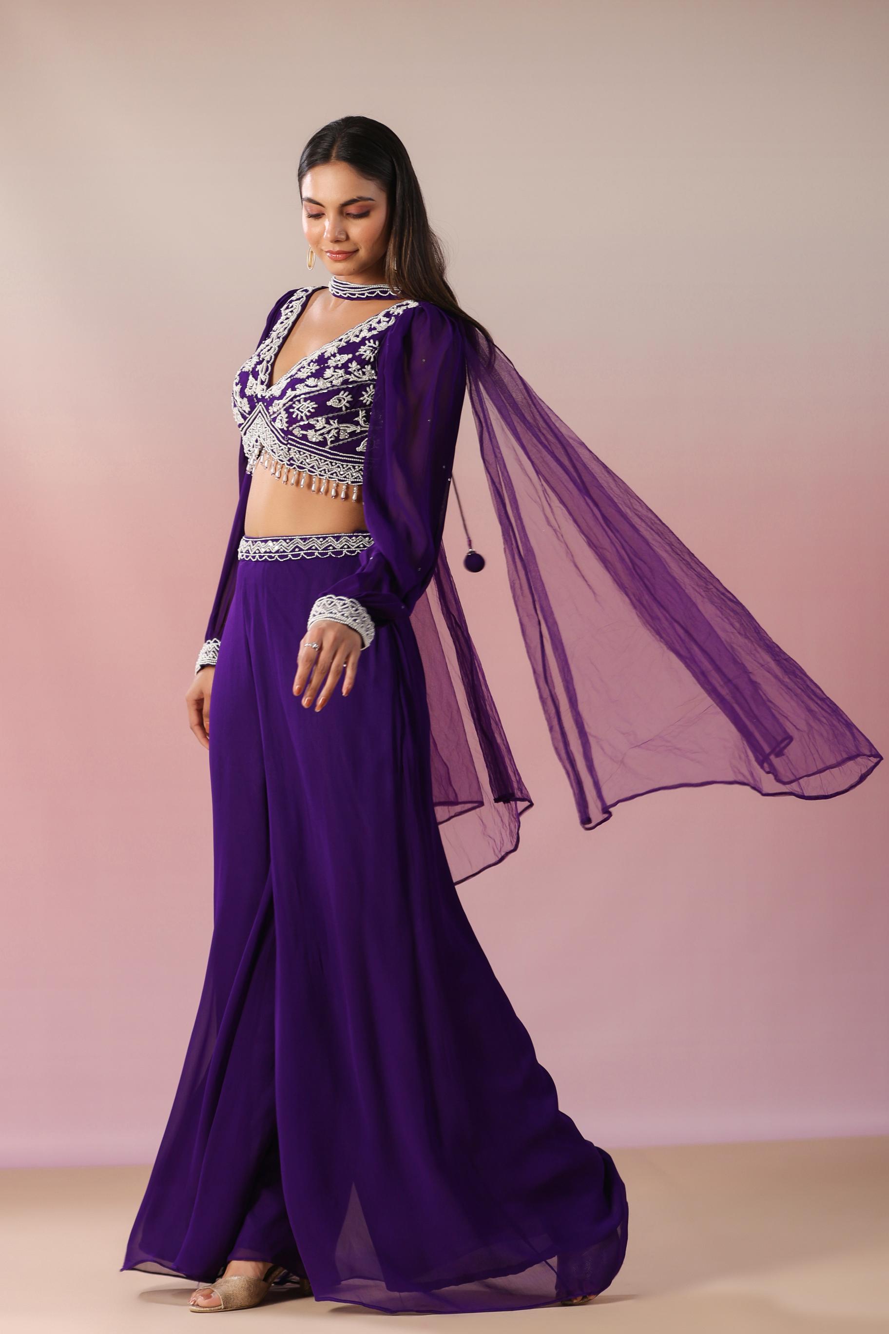 Purple Embellished Crystal Georgette Silk Crop Top Palazzo & Dupatta Set