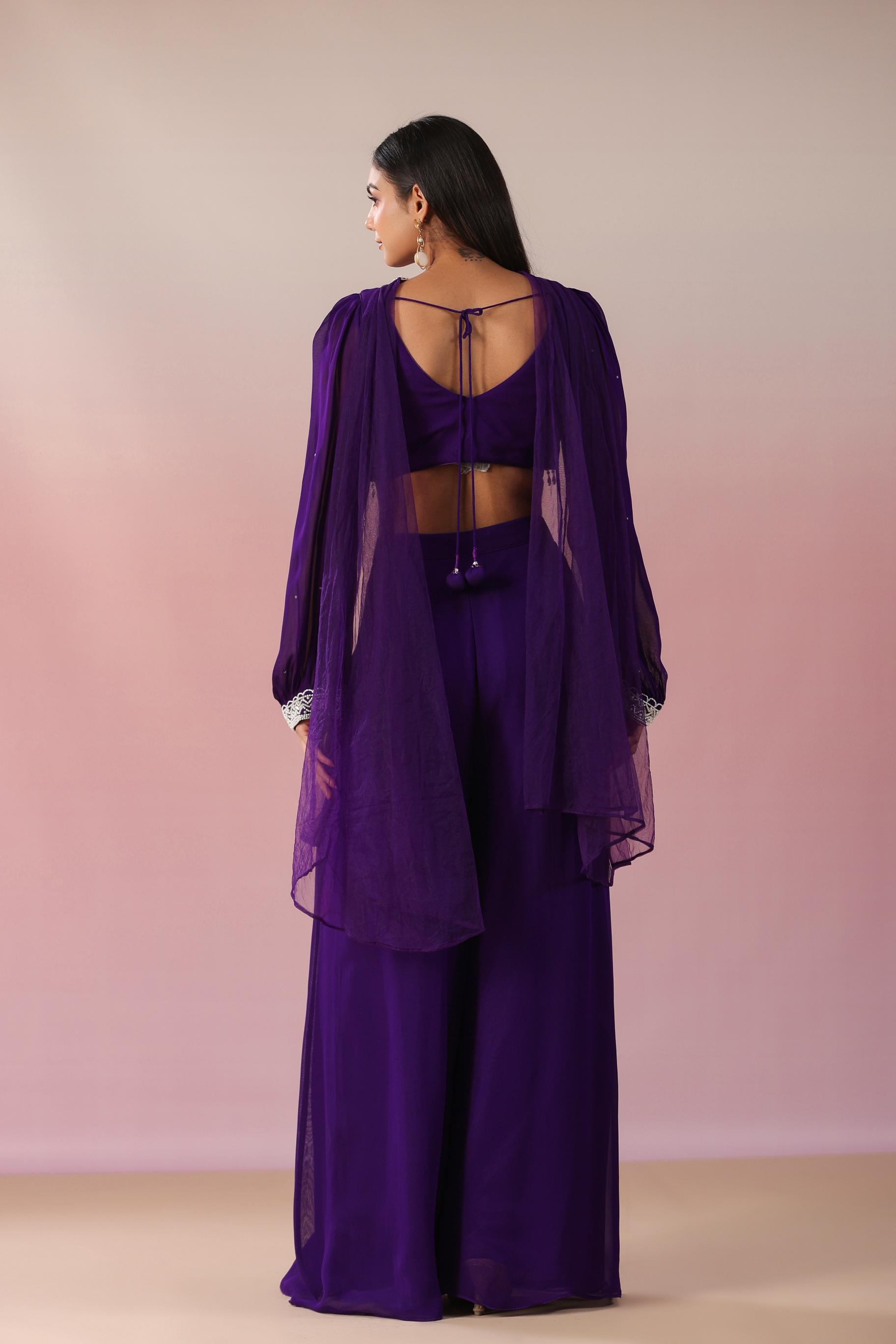 Purple Embellished Crystal Georgette Silk Crop Top Palazzo & Dupatta Set