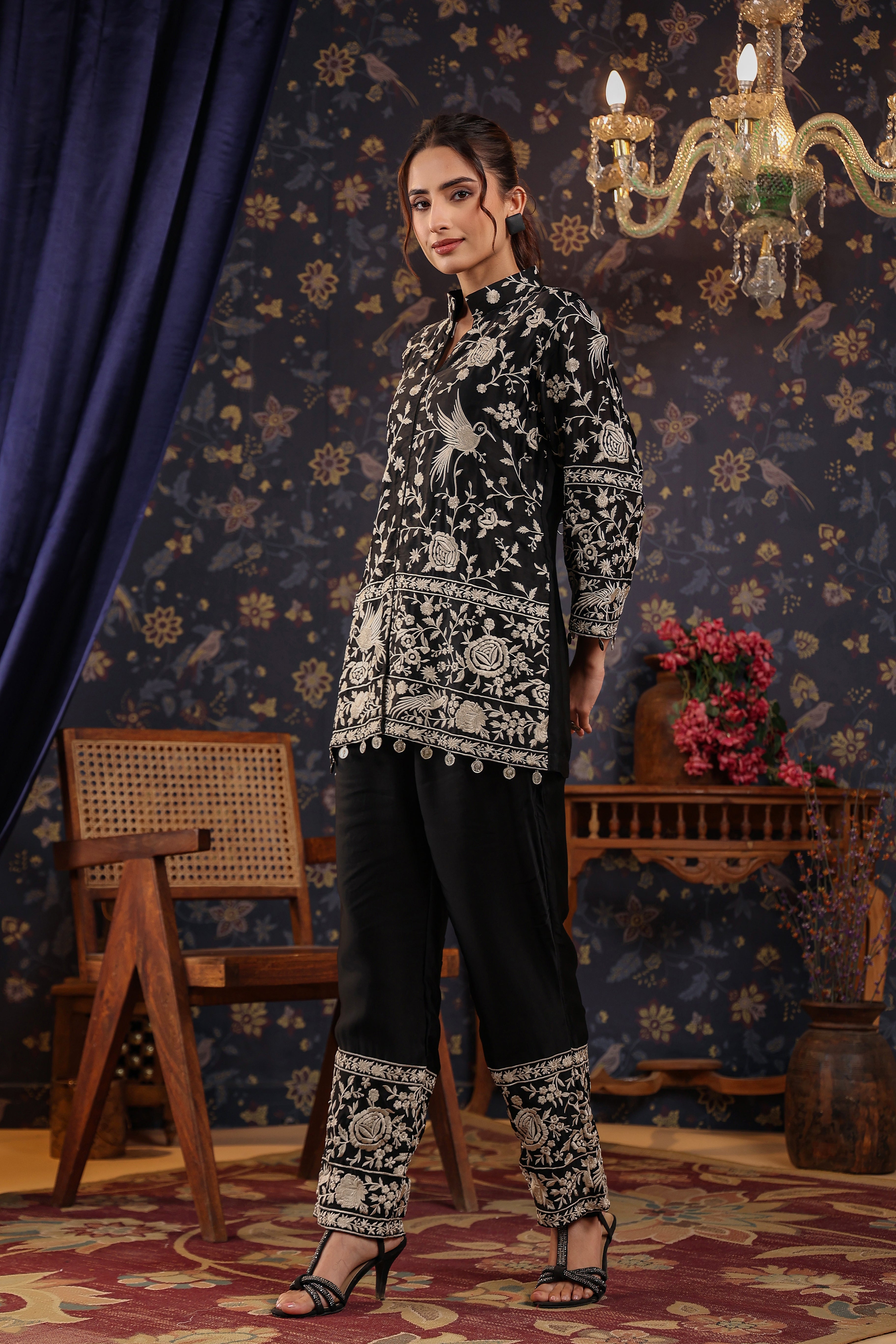 Black Embroidered Chanderi Satin Silk Co-Ord Set