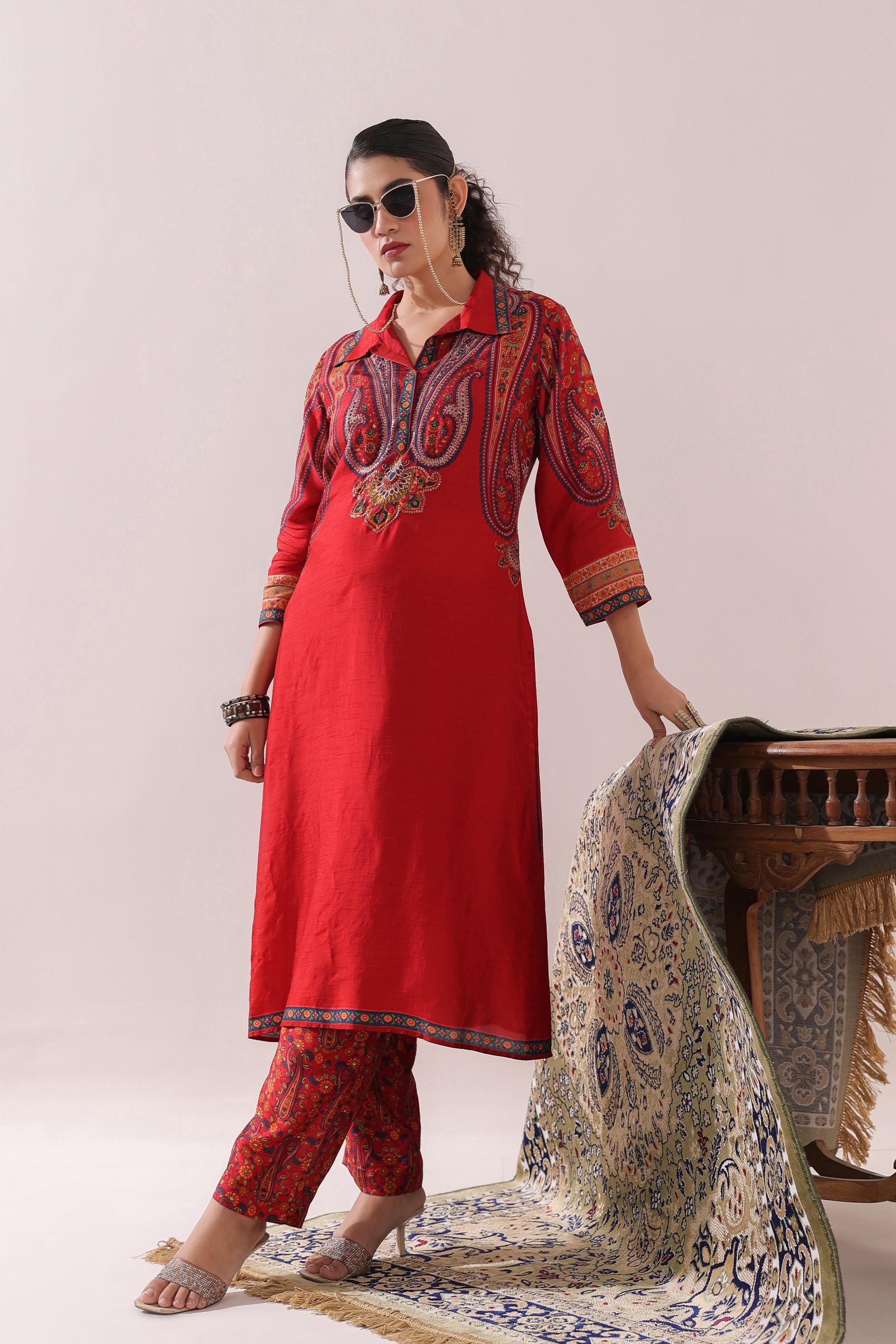 Crimson Red Traditional Printed Kurti With Pants Set
