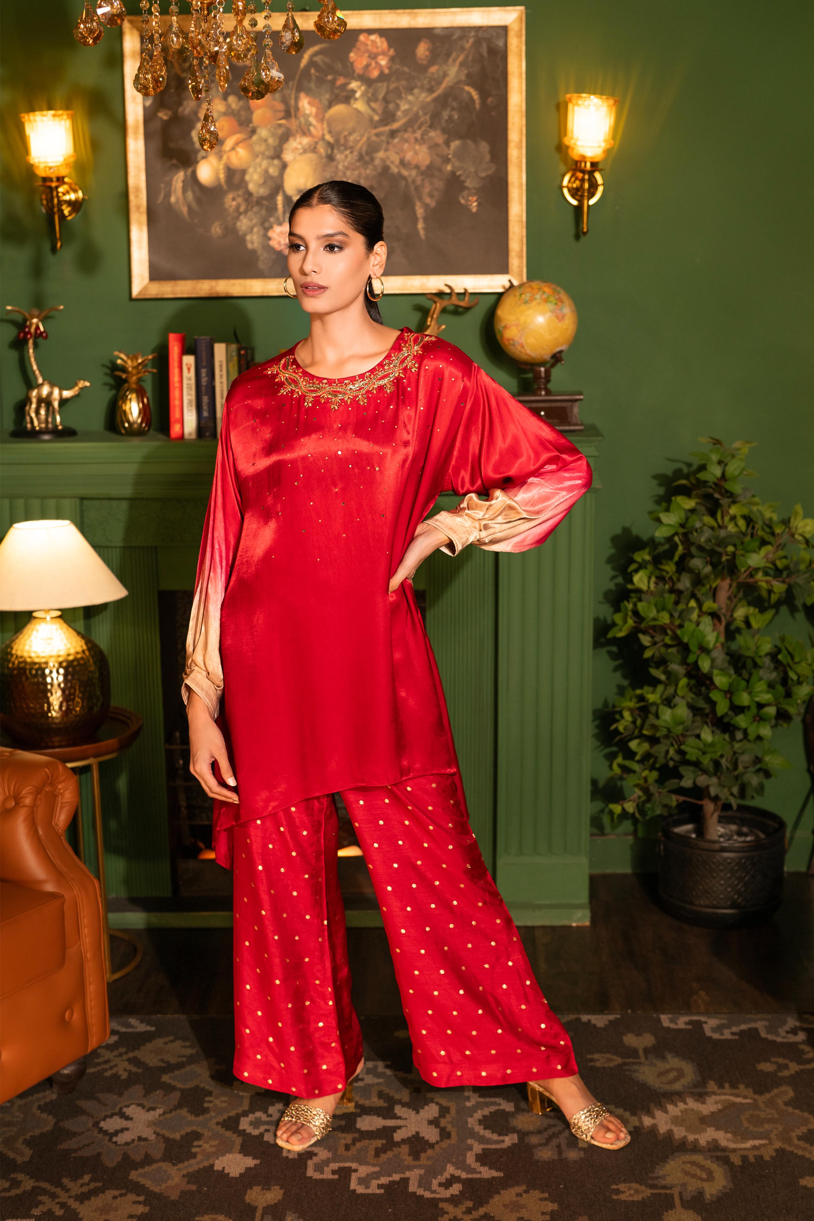 Crimson Red Embellished Habutai Silk Kurta & Palazzo Set