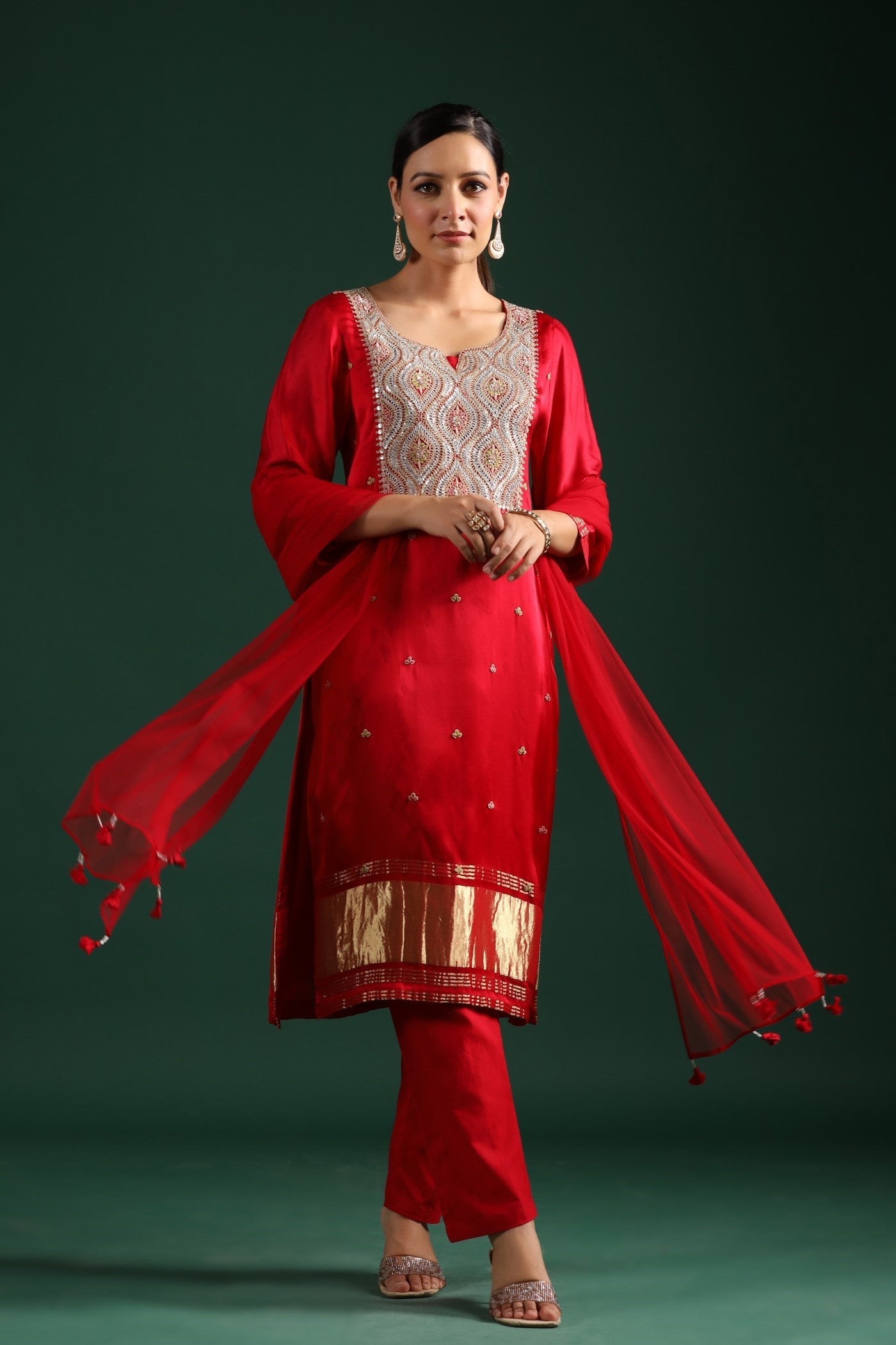 Red Zari Embroidered Gajji Silk Kurta Set