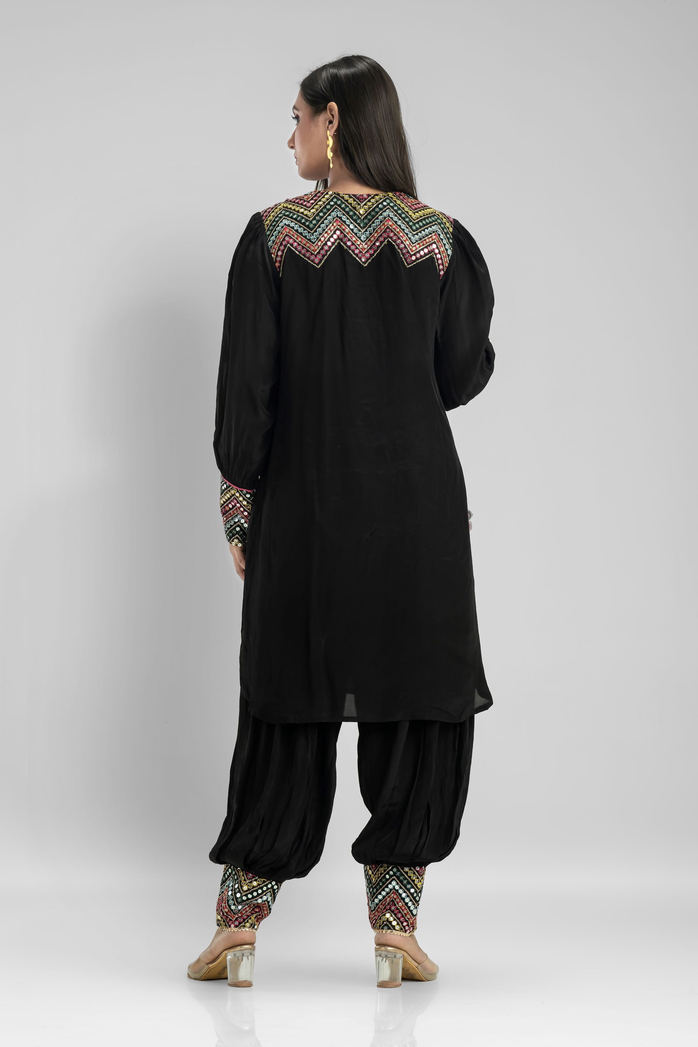 Black Embroidered Muslin Silk Patiala Pants Set