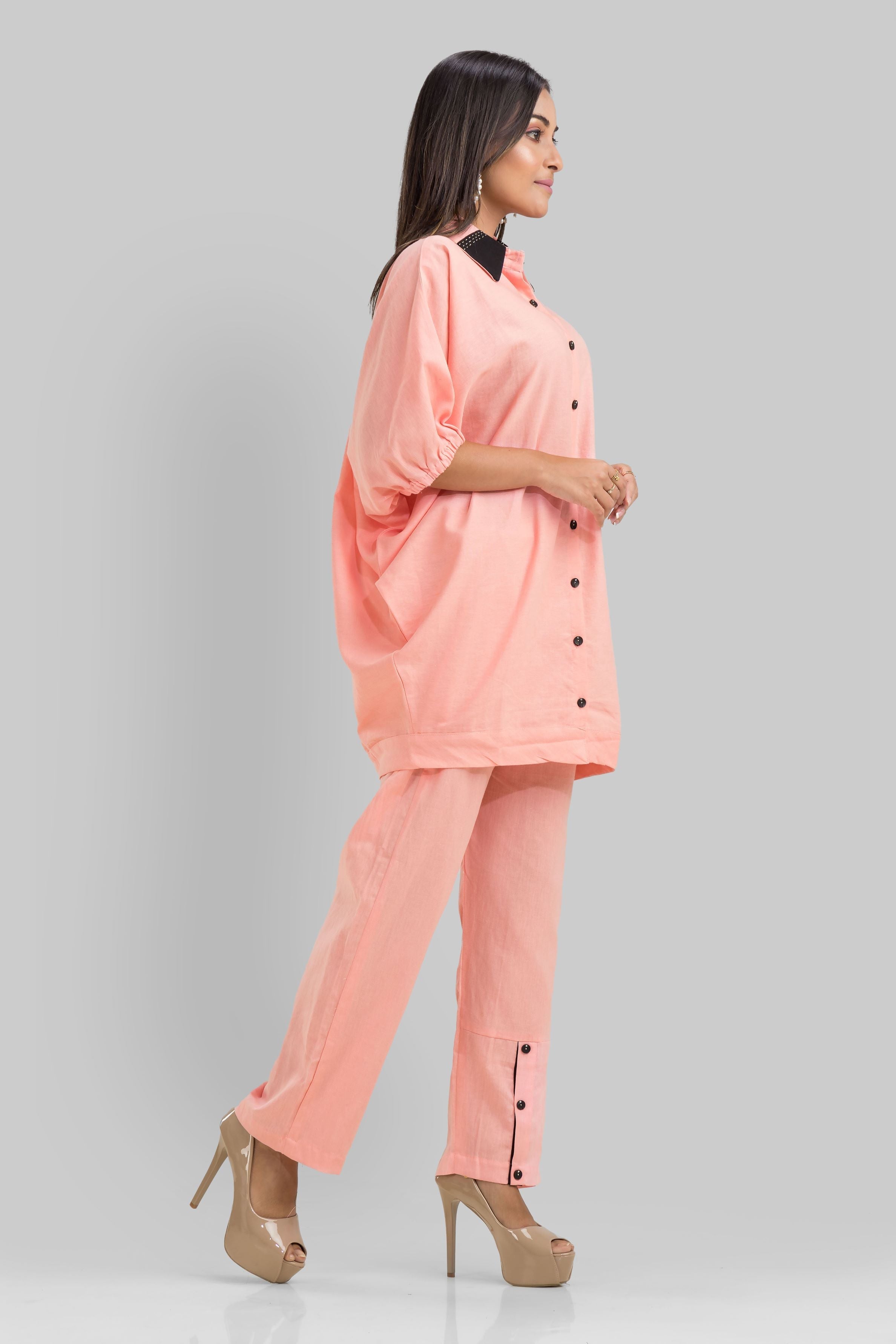 Peach Embroidered Cotton Linen Co-ord Set