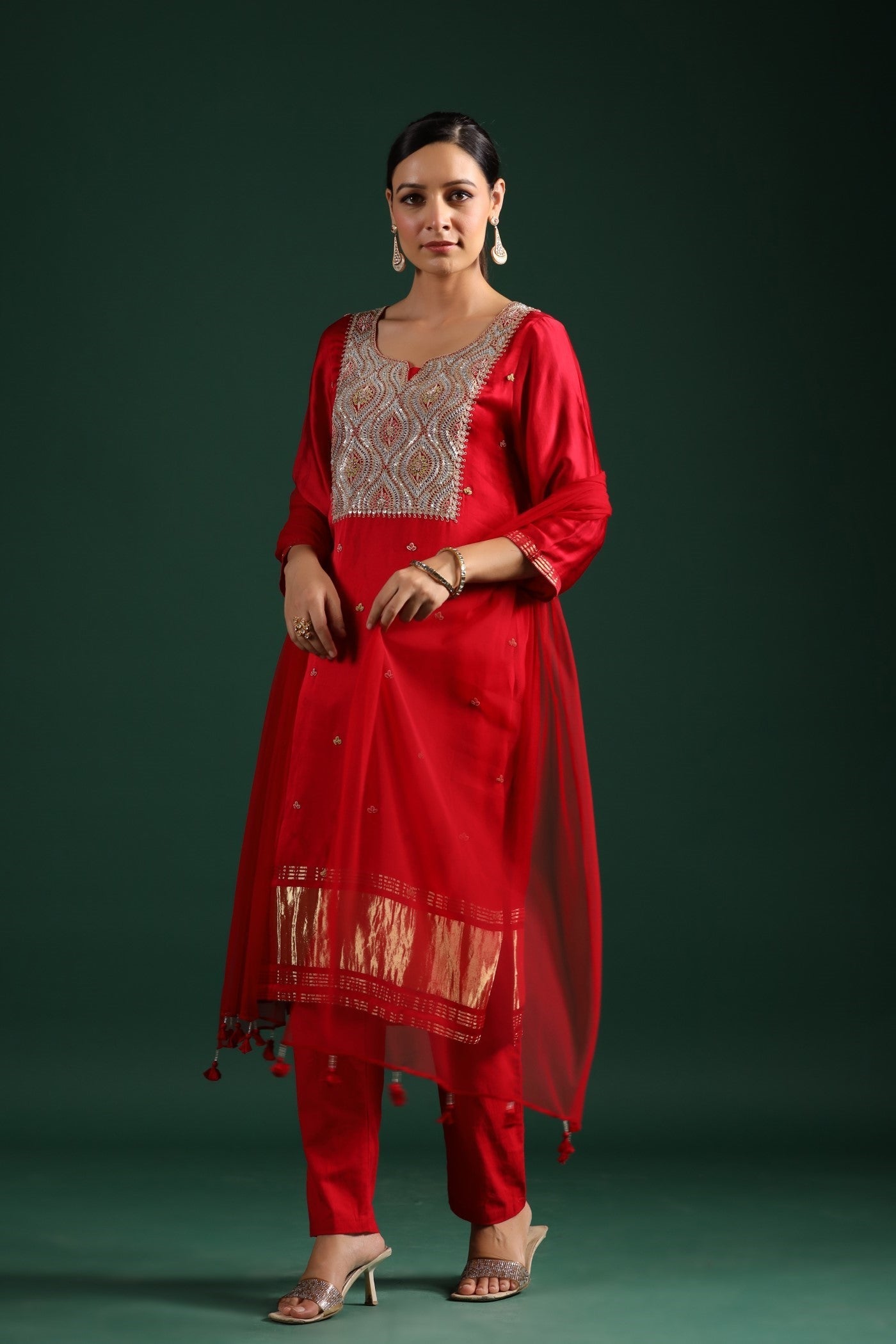 Red Zari Embroidered Gajji Silk Kurta Set