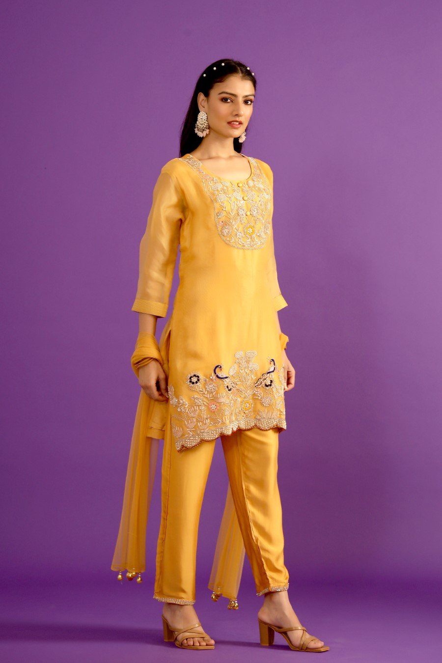 Fresh Yellow Organza Silk Embroidered Kurta Set