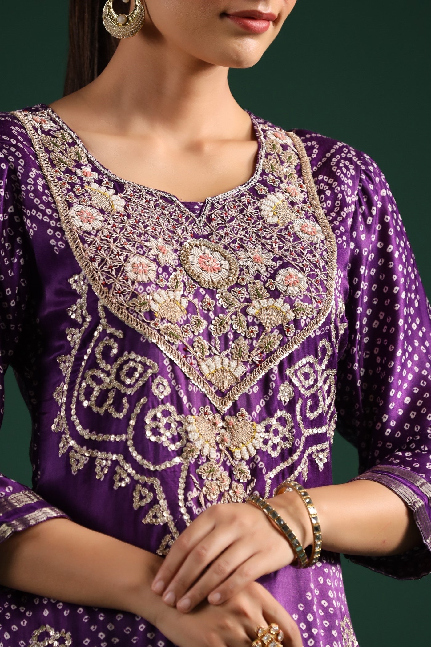 Purple Bandhani Embroidered Kurta Set
