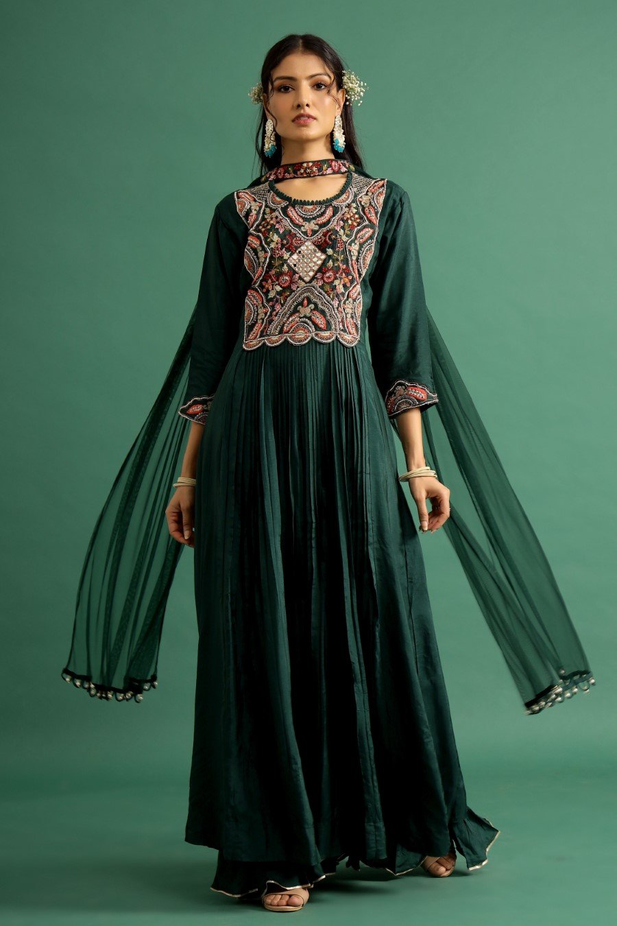 Emerald Green Kashmiri Silk Embroidered Anarkali with Dupatta