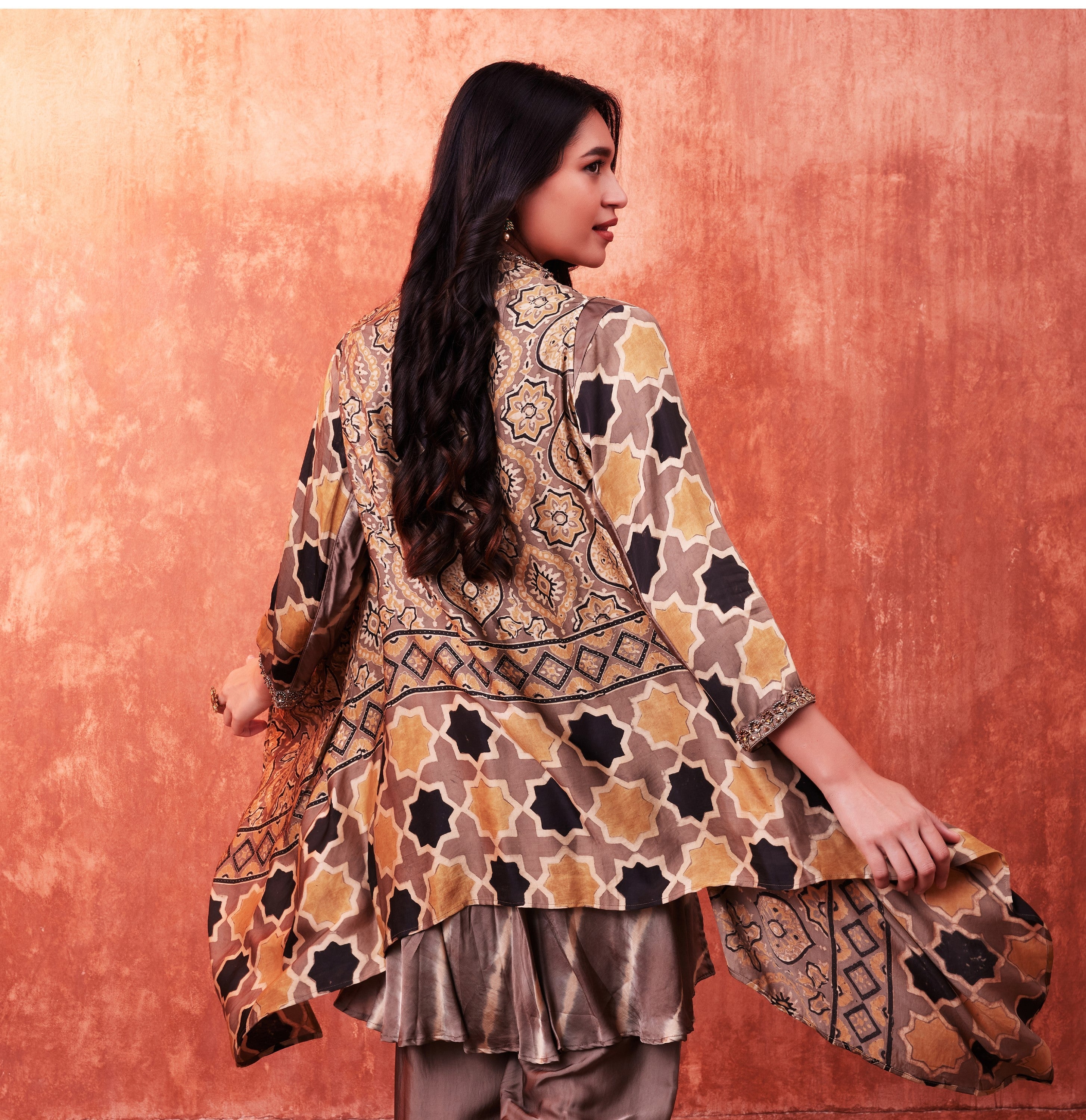 Beige Multicolor Ajrakh Printed Habutai Silk Cape Suit Set