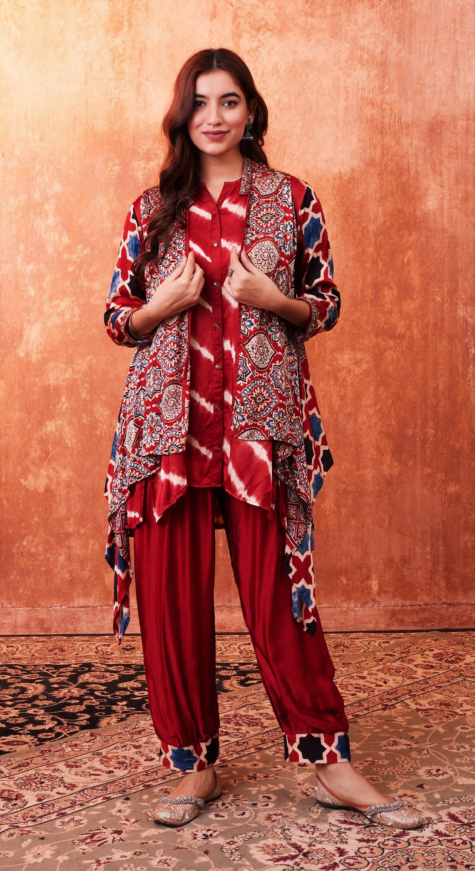 Red Multicolor Ajrakh Printed Habutai Silk Cape Suit Set