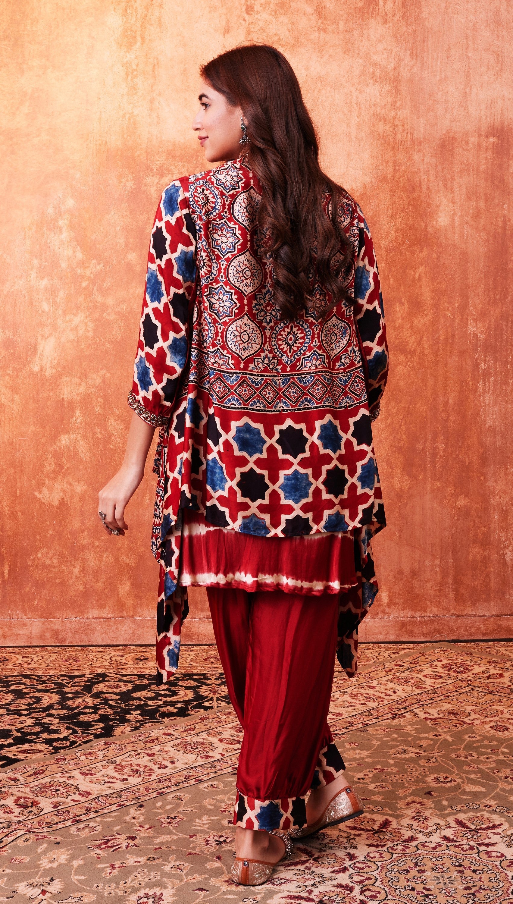 Red Multicolor Ajrakh Printed Habutai Silk Cape Suit Set