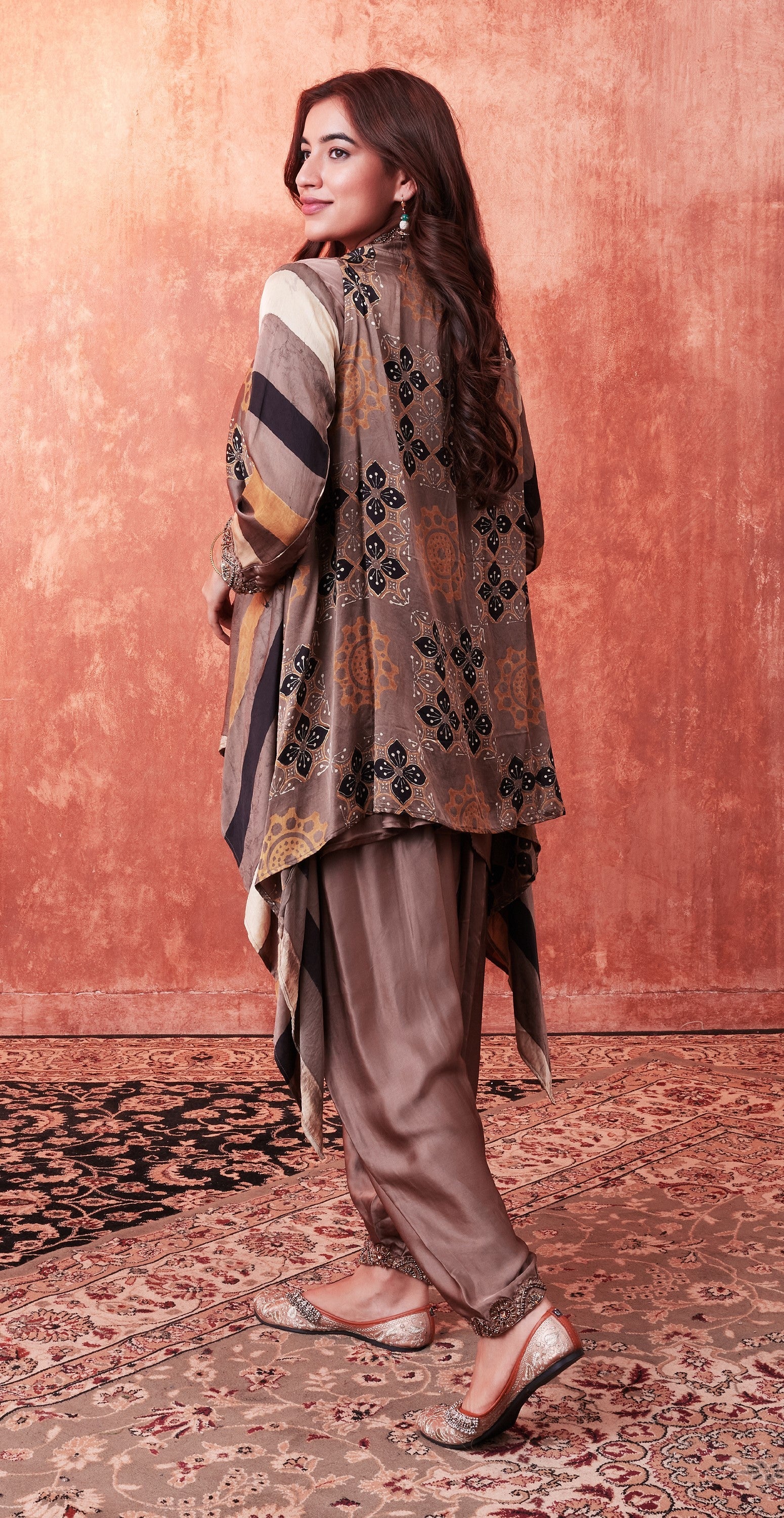 Beige Ajrakh Printed Habutai Silk Cape Suit Set
