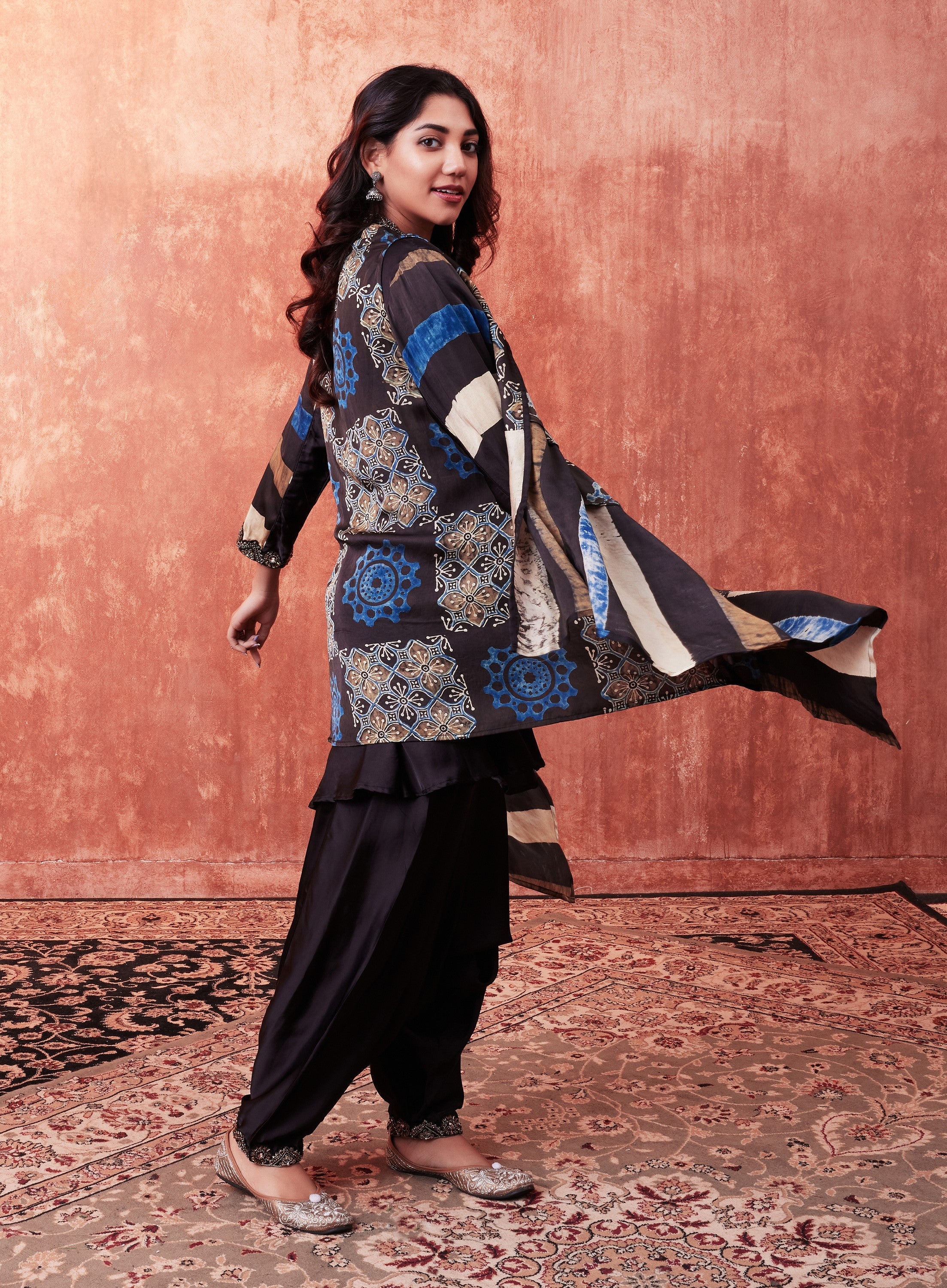 Warm Black Ajrakh Printed Habutai Silk Cape Suit Set