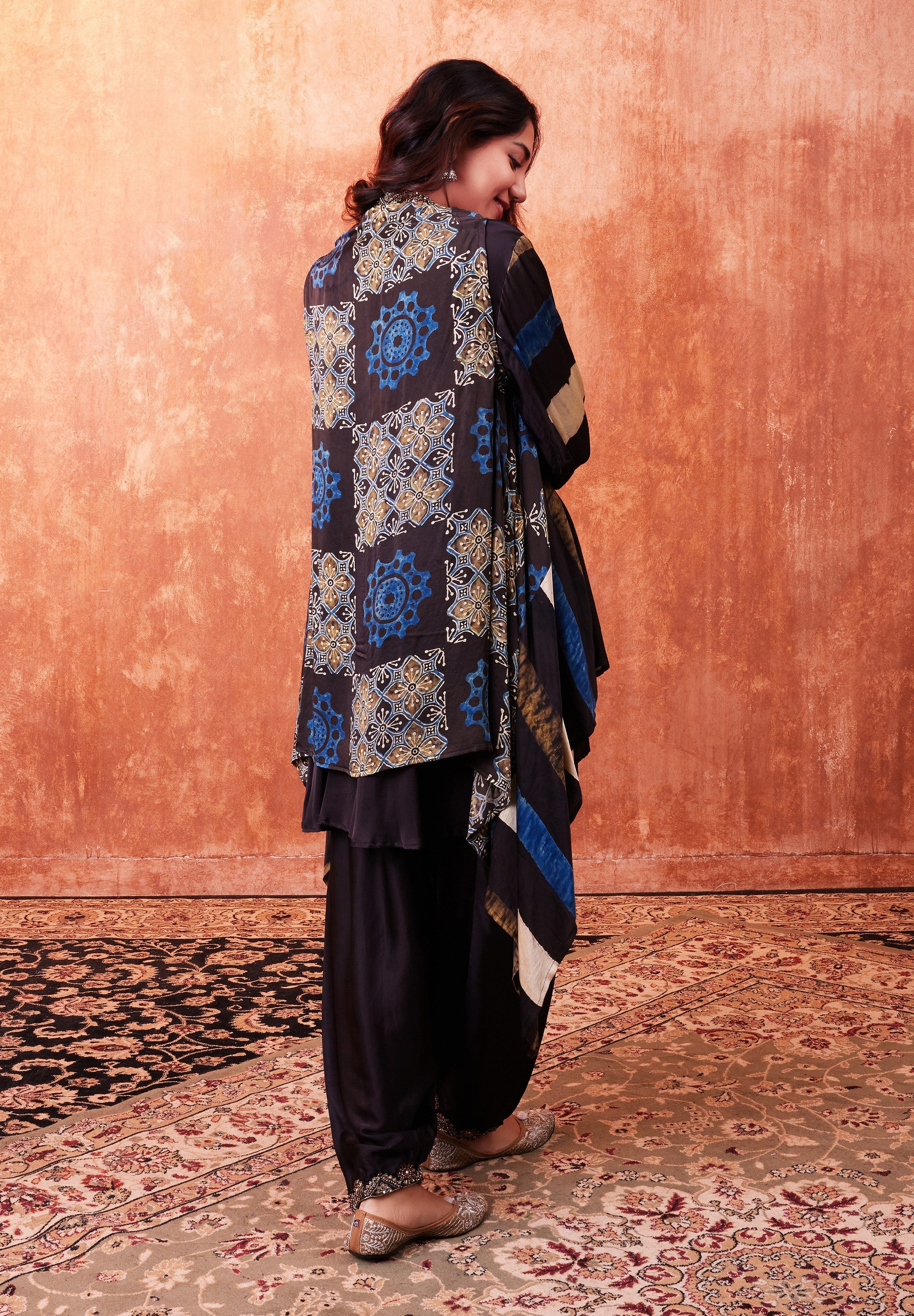 Warm Black Ajrakh Printed Habutai Silk Cape Suit Set