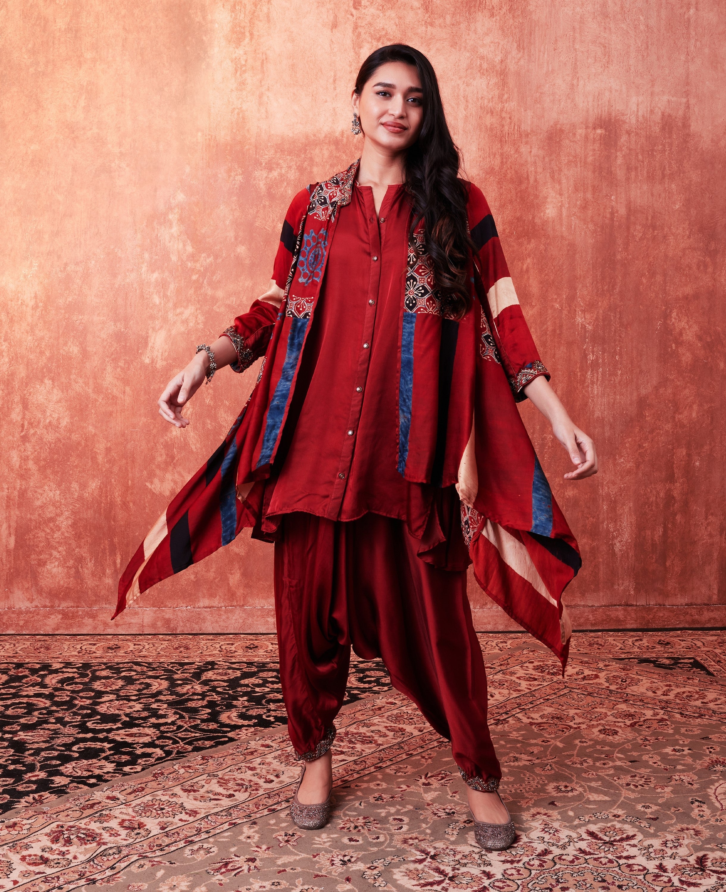 Ruby Red Ajrakh Printed Habutai Silk Cape Suit Set