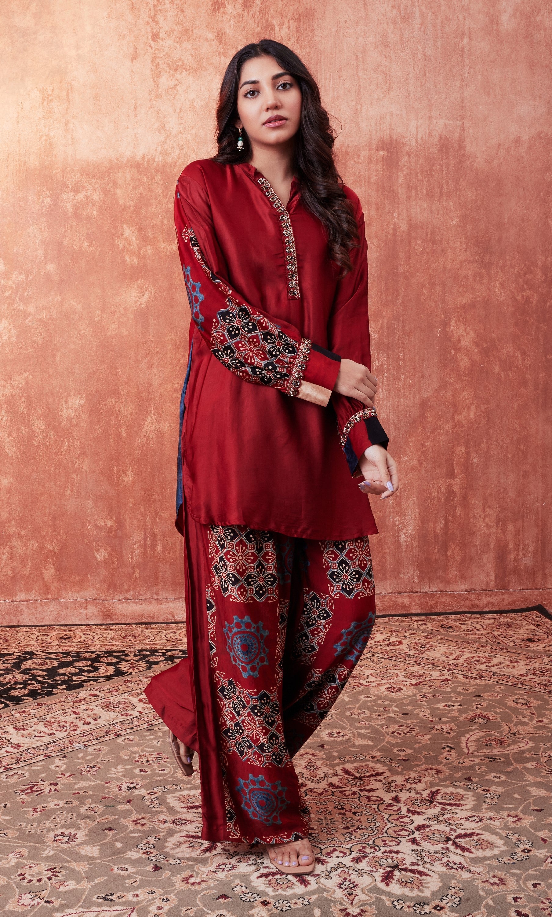 Red MultiColor Ajrakh Printed Habutai Silk Co-Ord Set