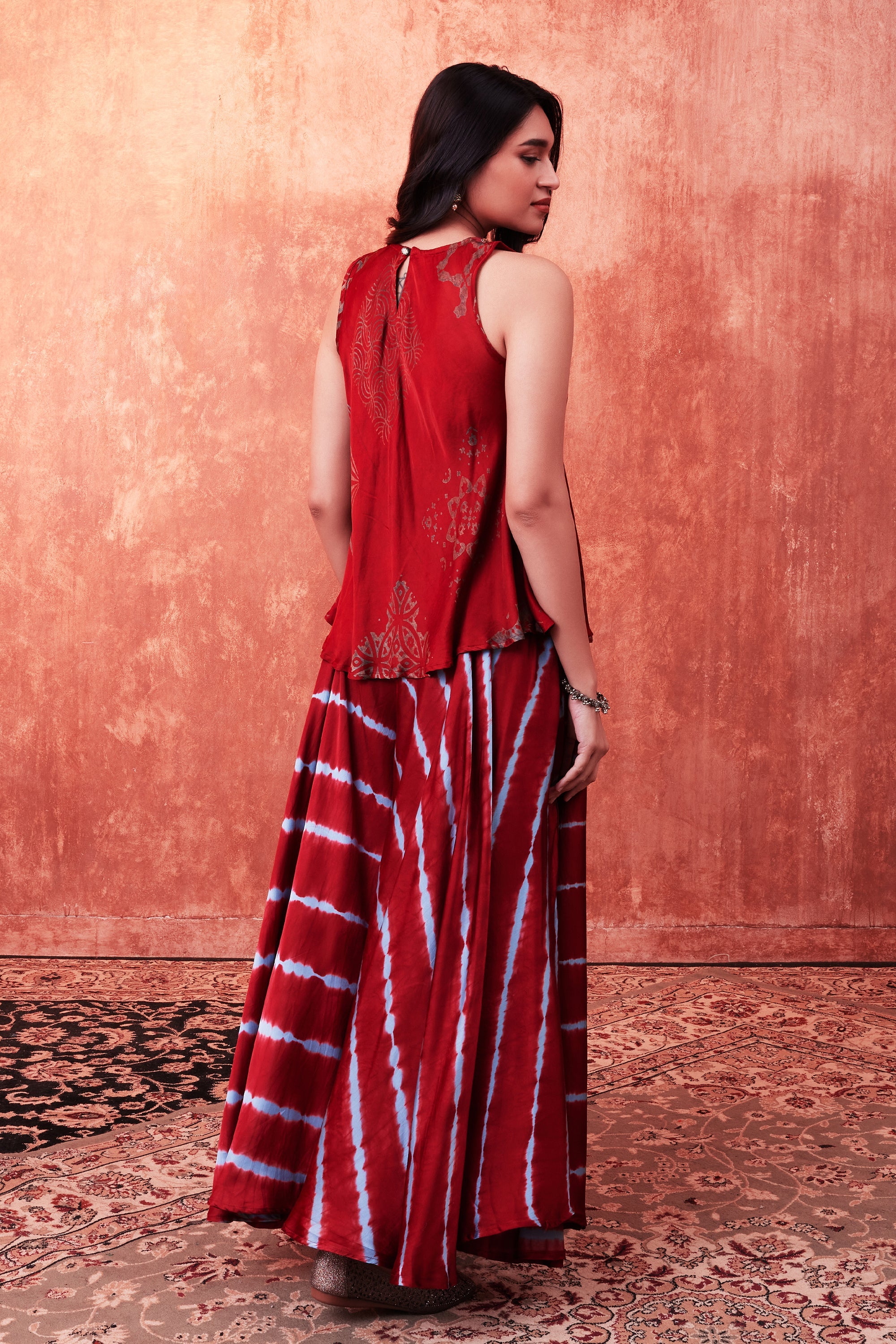 Red Ajrakh Printed Habutai Silk Tunic & Palazzo Set