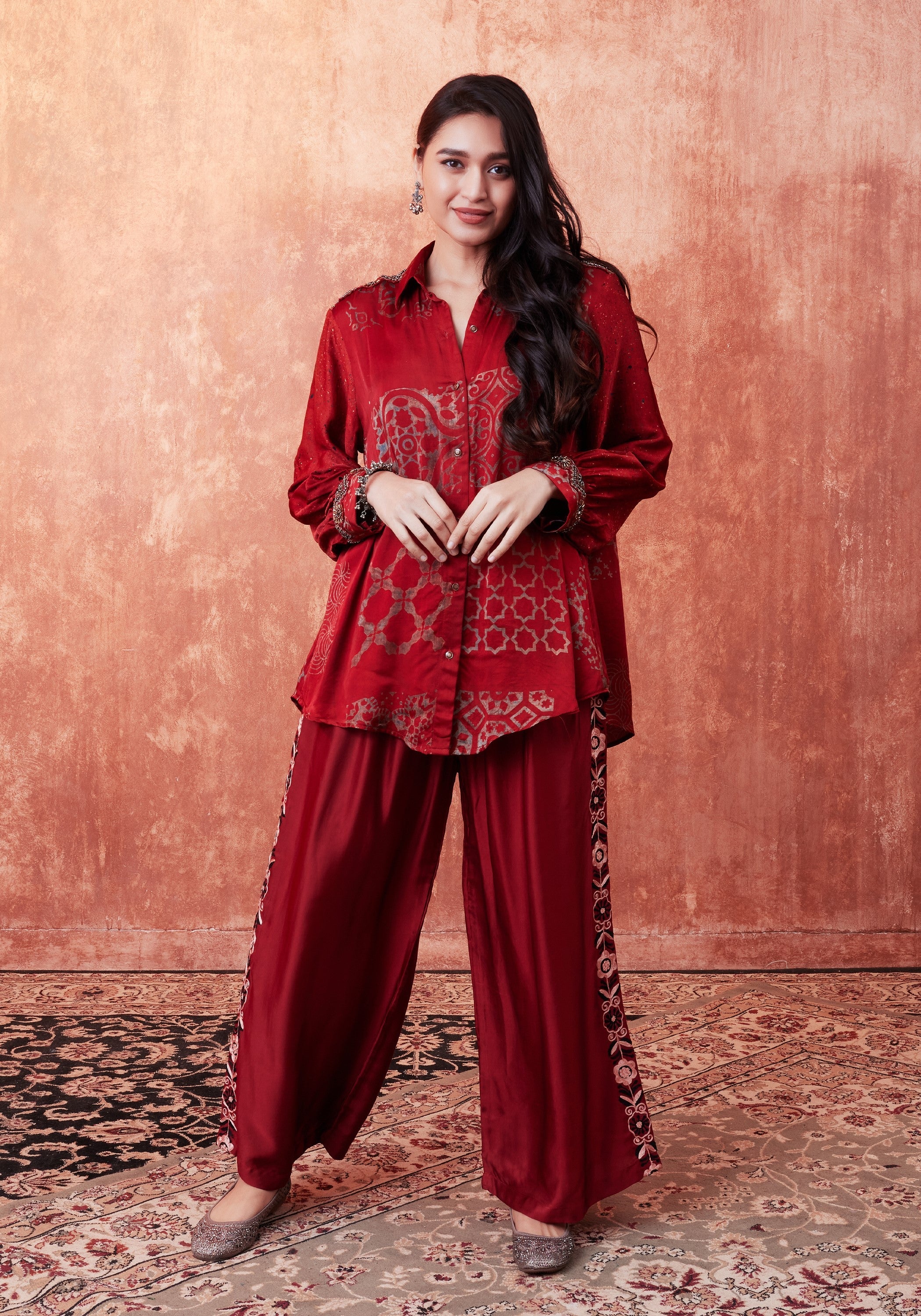 Ruby Red Ajrakh Printed Habutai Silk Co-Ord Set