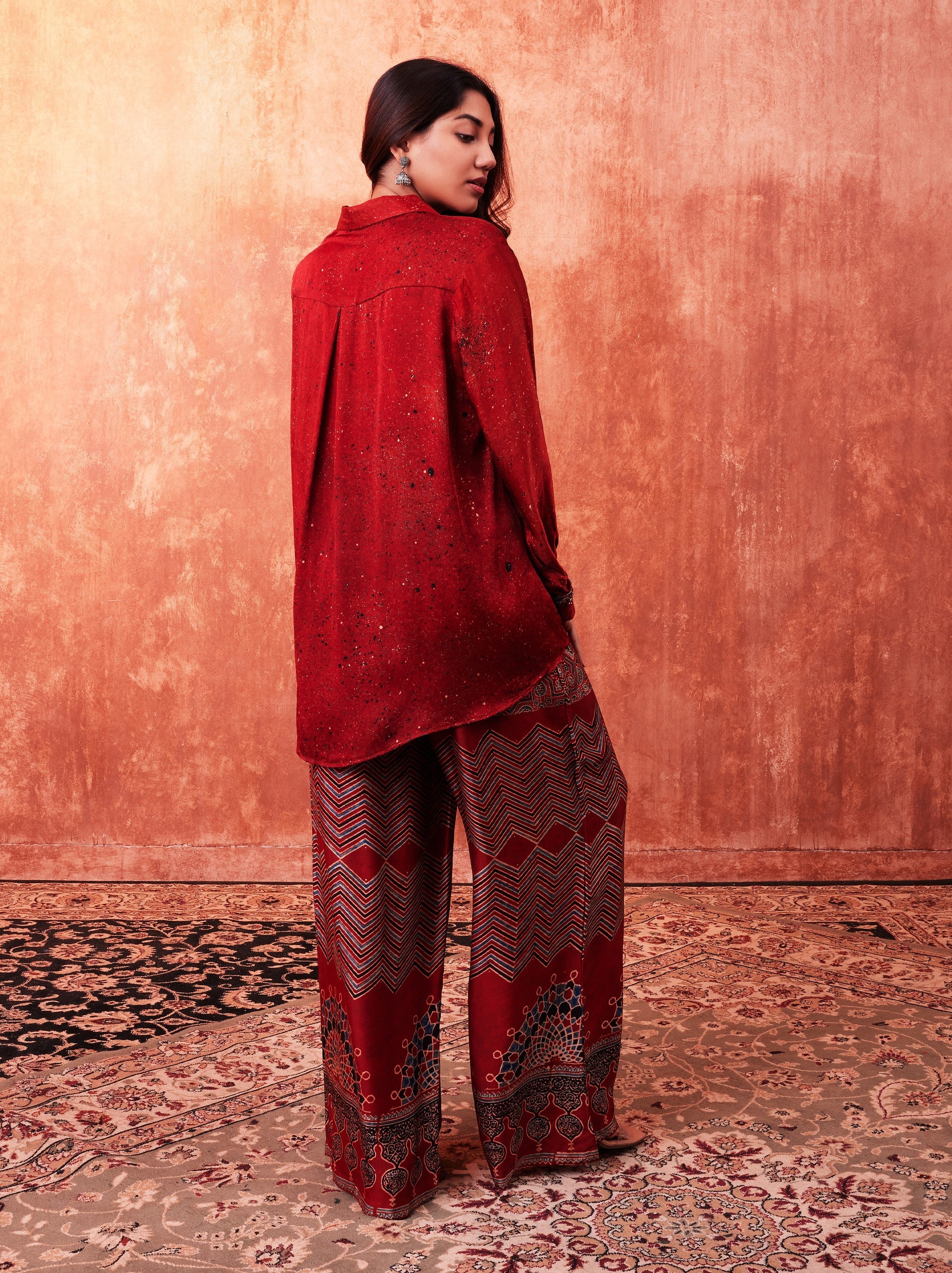 Cherry Red Ajrakh Printed Habutai Silk Co-Ord Set