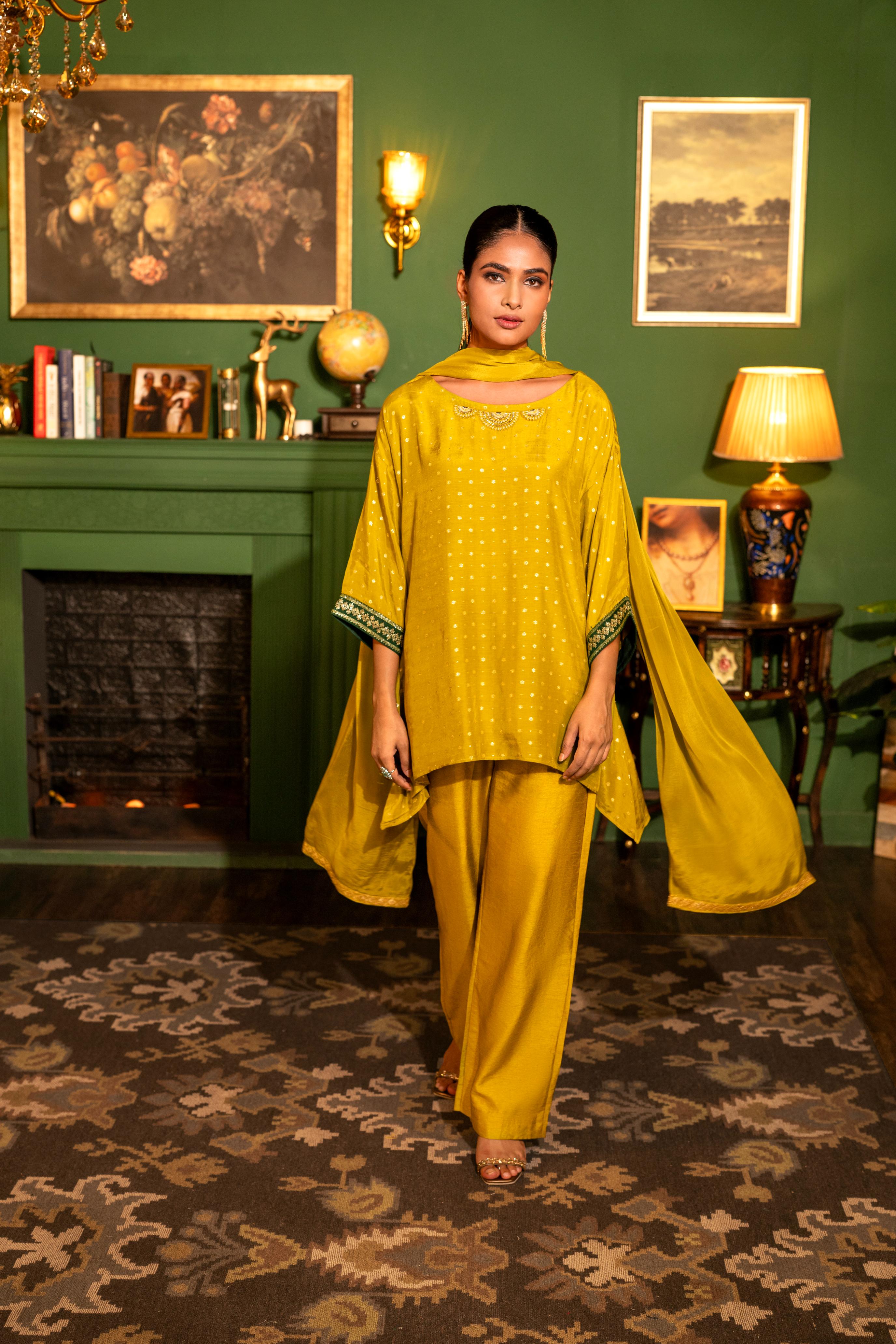 Classic Yellow Embroidered Raw Silk Palazzo Set