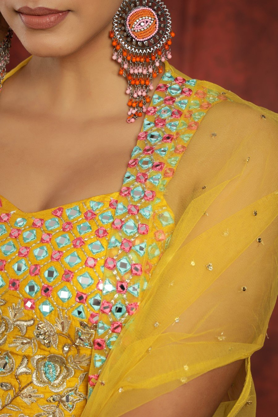 Crepe Silk Cream And Mustard Colour Tye-dye Lehenga Blouse Dupatta Set With Embroidery