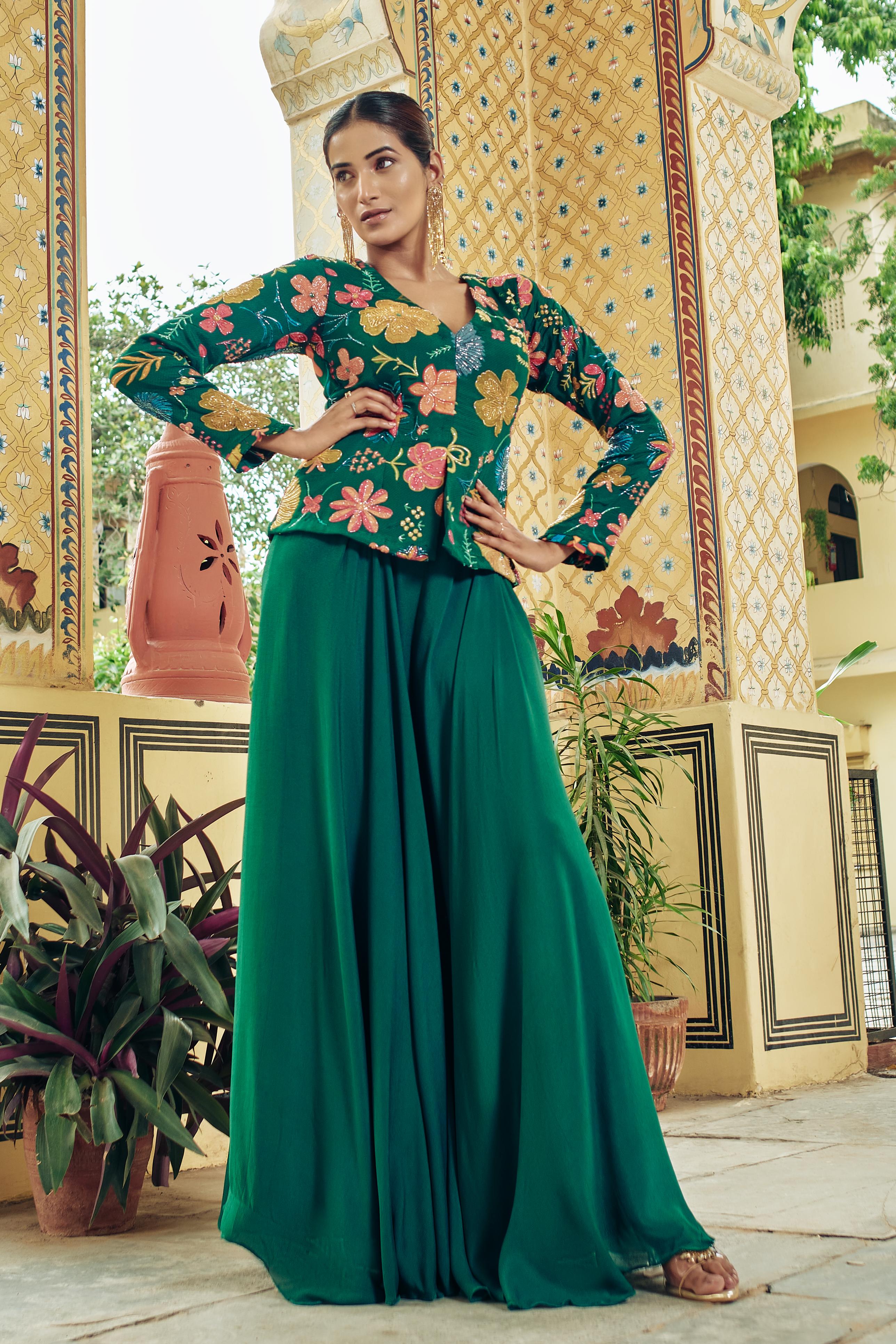 Green Floral Embellished Crepe Silk Palazzo With Top