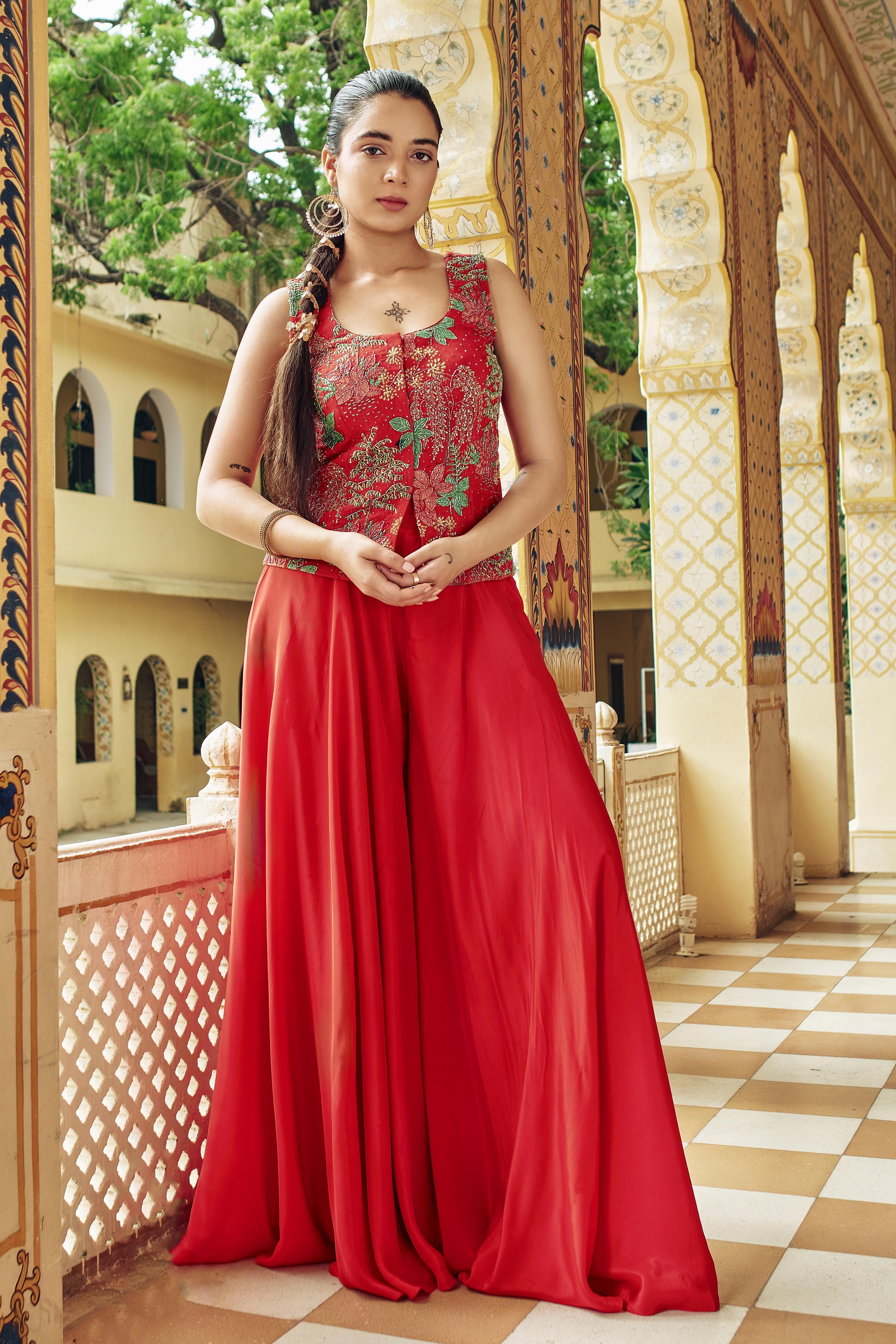 Red Embroidered Crepe Silk Palazzo With Top