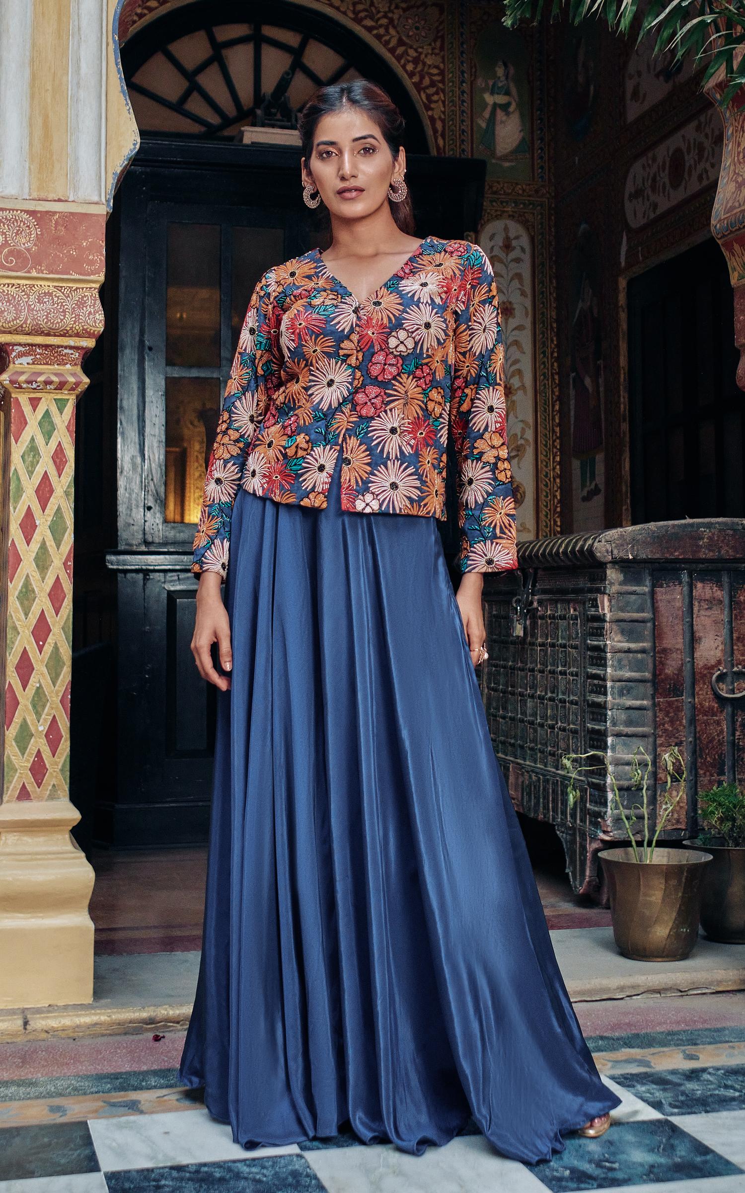 Blue Floral Embellished Habutai Silk Palazzo With Top