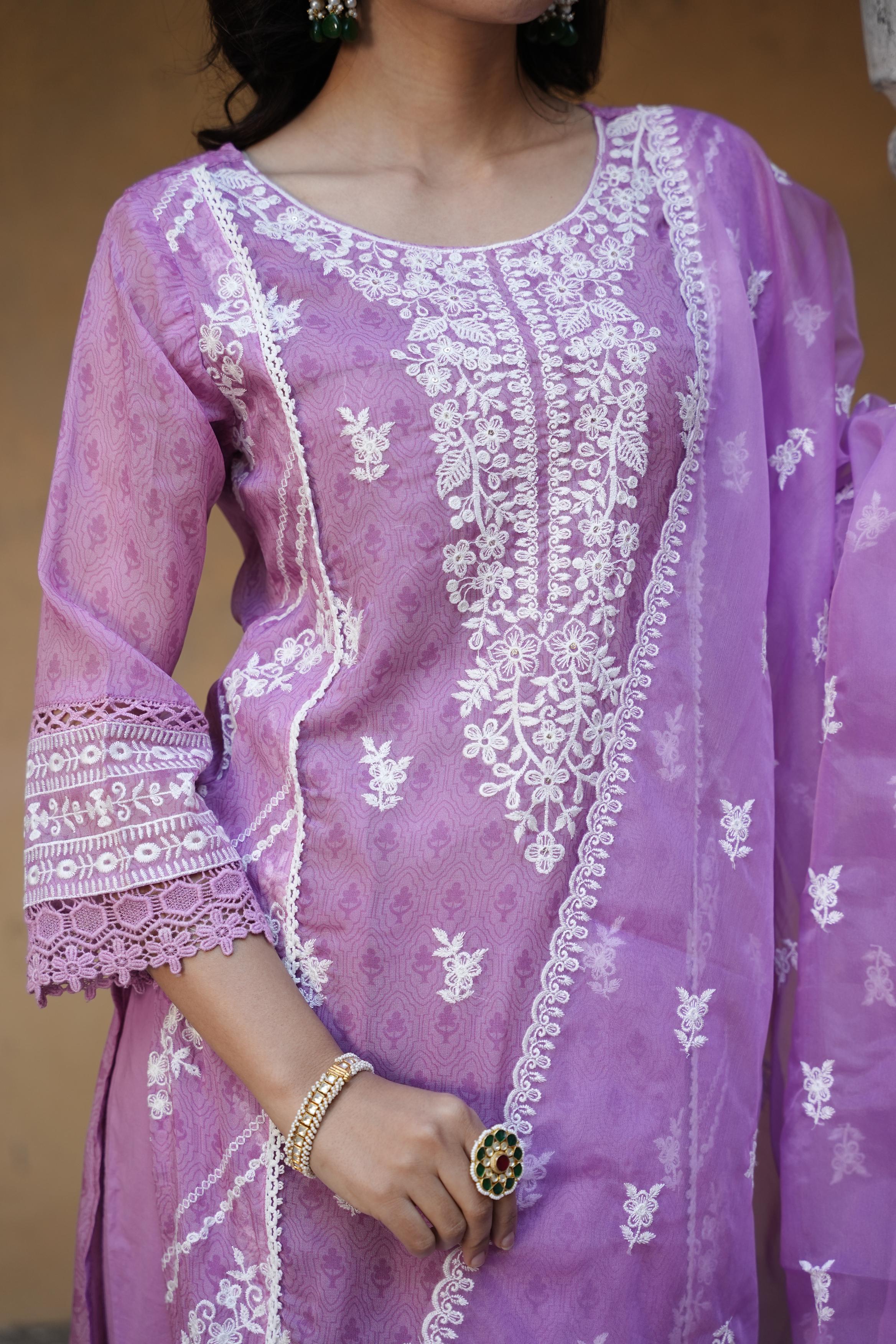 Lilac Embroidered Premium Organza Silk Pants Set