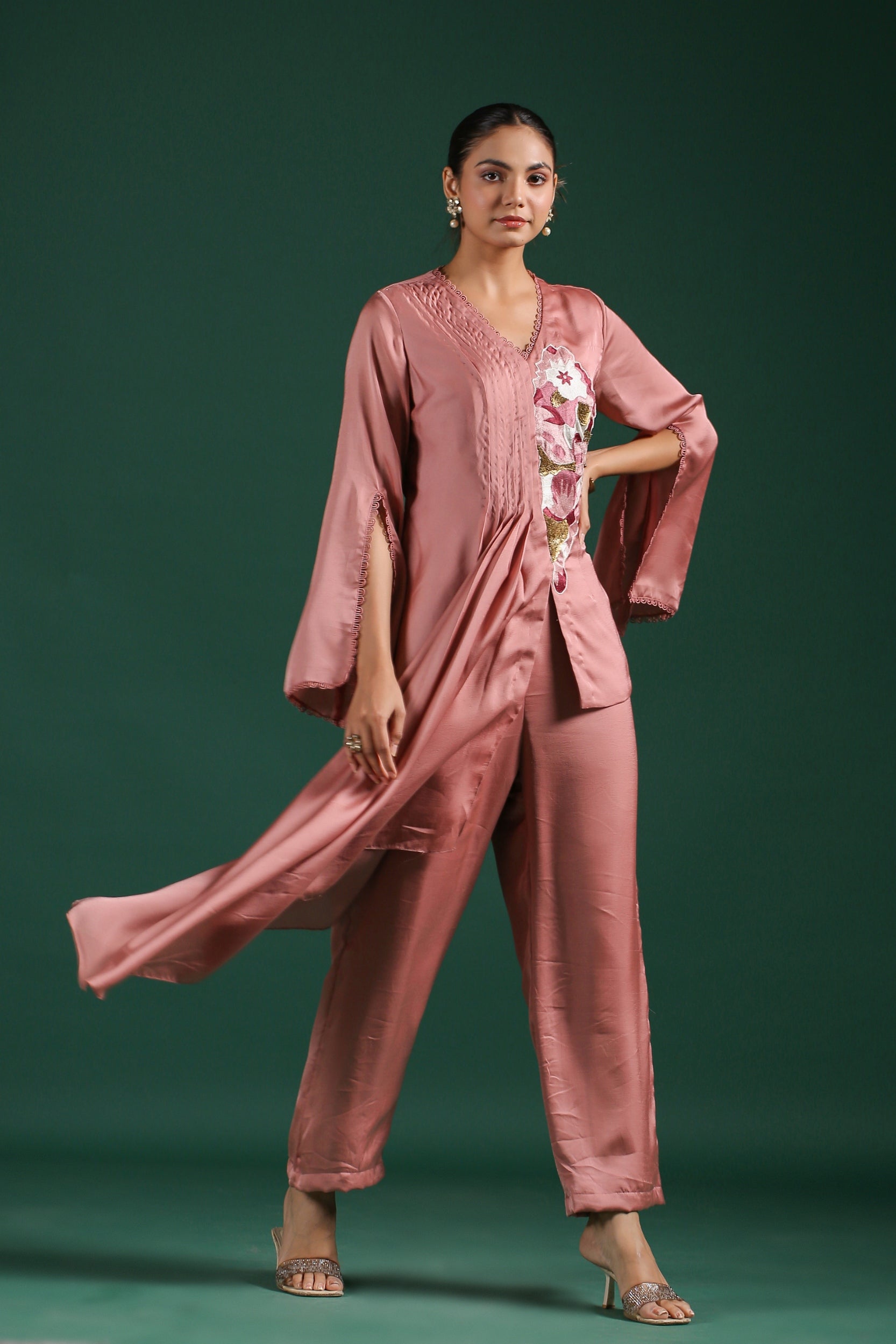 Rosewood Pink Embroidered Mulberry Silk Co-Ord Set