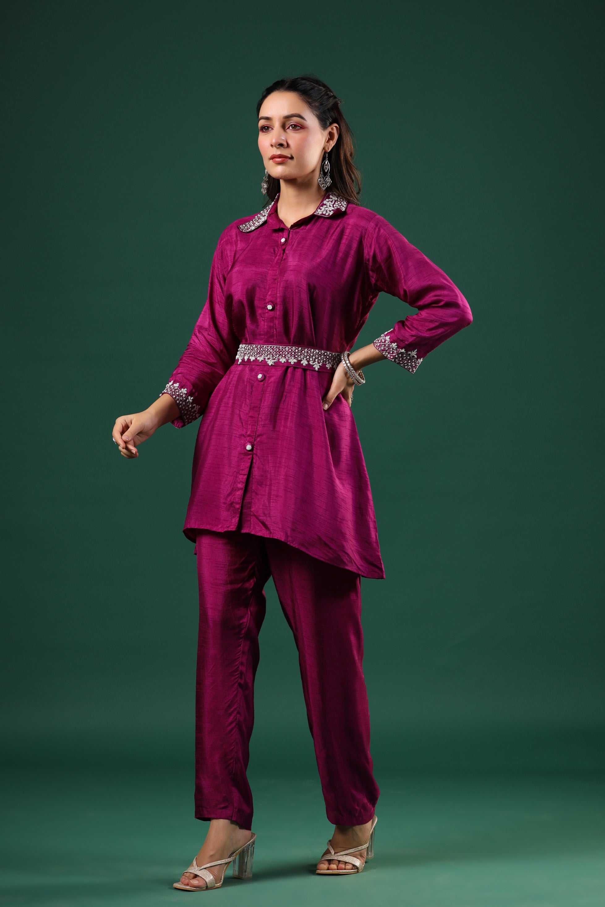 Mulberry Pink Hand Embroidered Dola Silk Co-ord Set