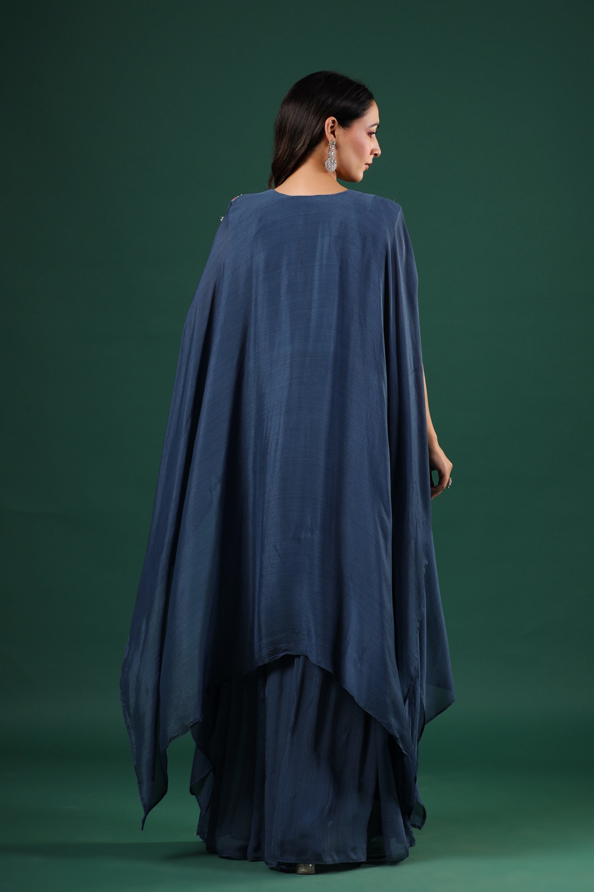Deep Blue Embellished Chinon Silk Skirt Set